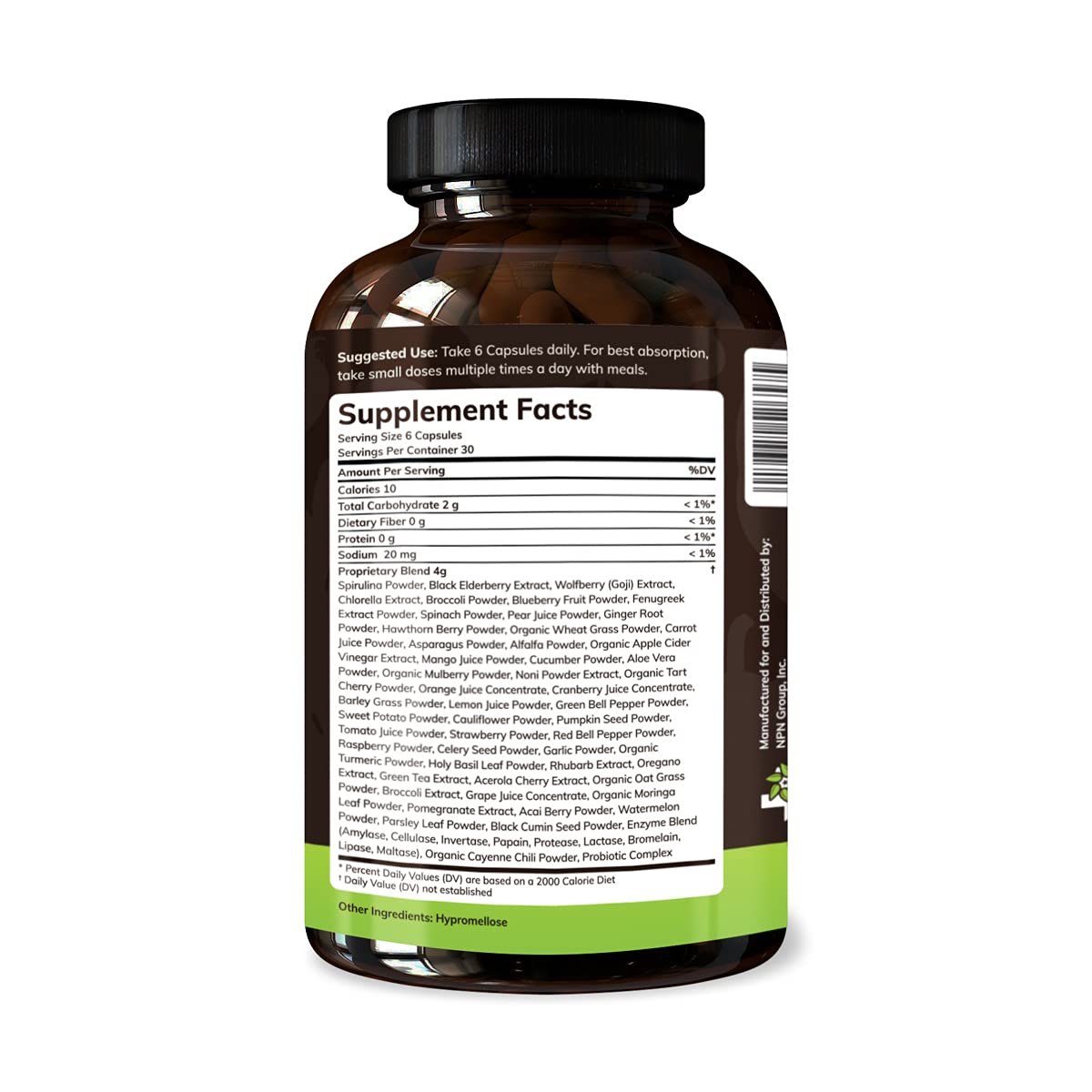 Texas SuperFood reds and greens capsules close-up for plant-based nourishment.