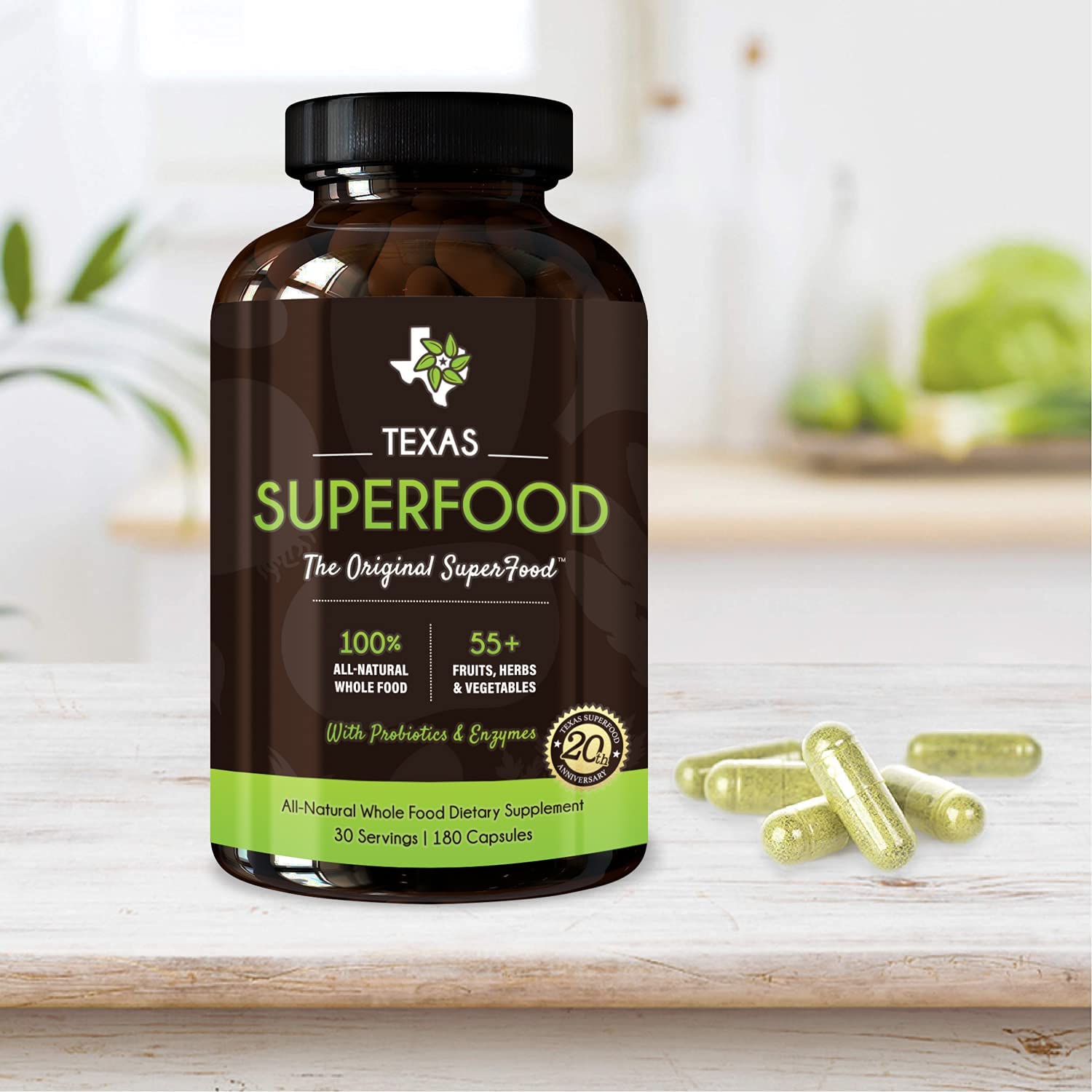 Texas SuperFood vegan non-GMO label signals clean, gluten-free capsules.