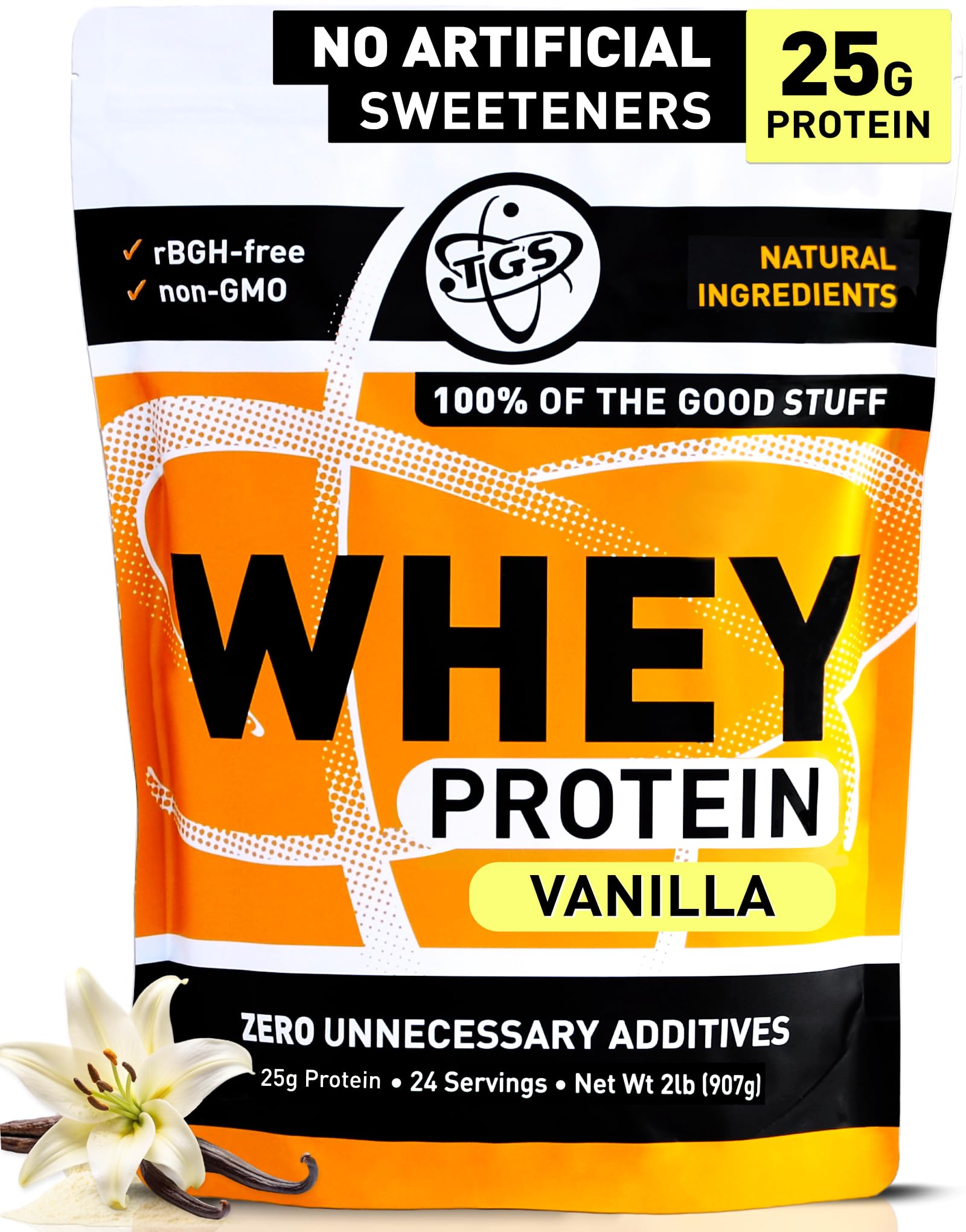 TGS Nutrition Vanilla Whey Protein 2lb bottle showing clean, natural ingredients for daily workouts.