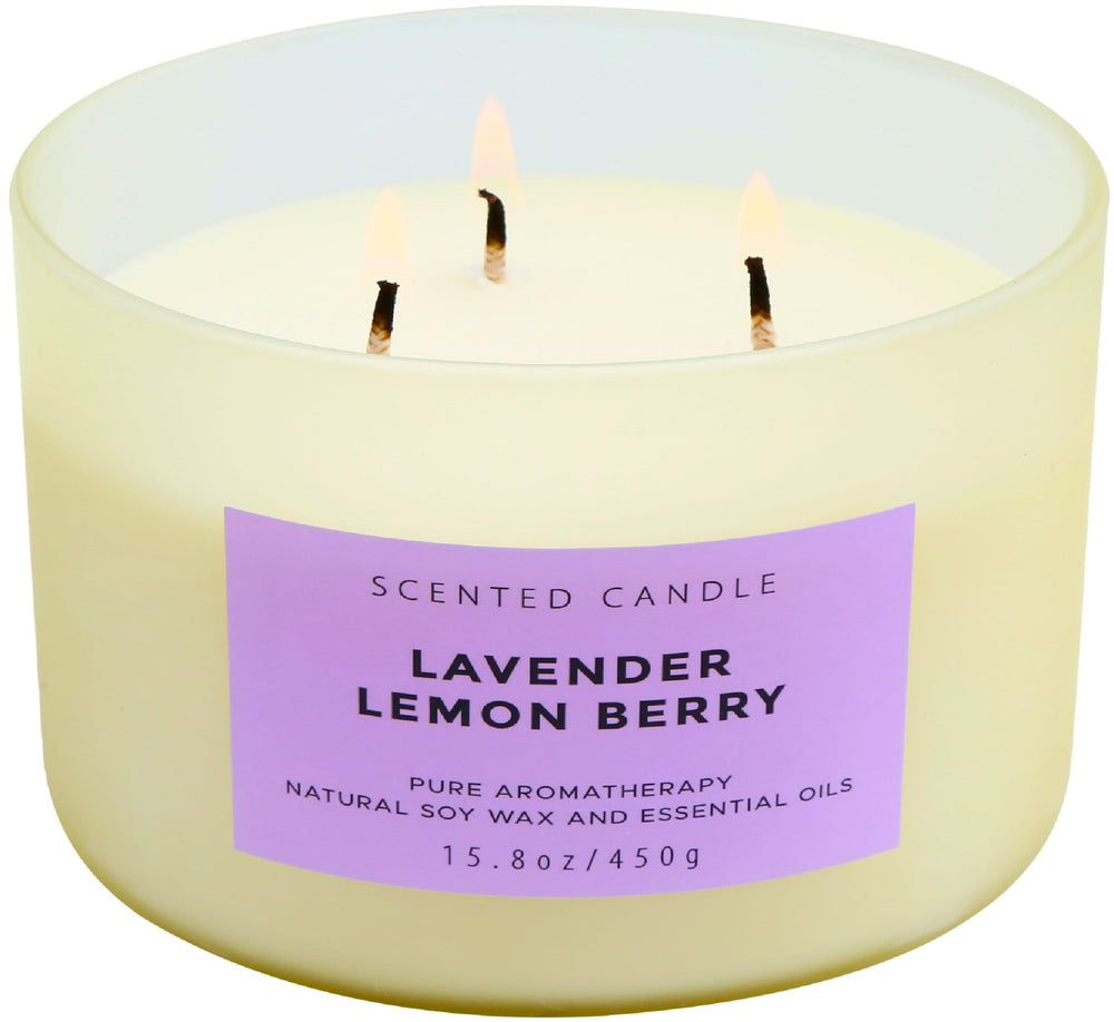 T&H Lavender Lemon Berry 3-Wick Candle in soft yellow glass jar for warm ambiance