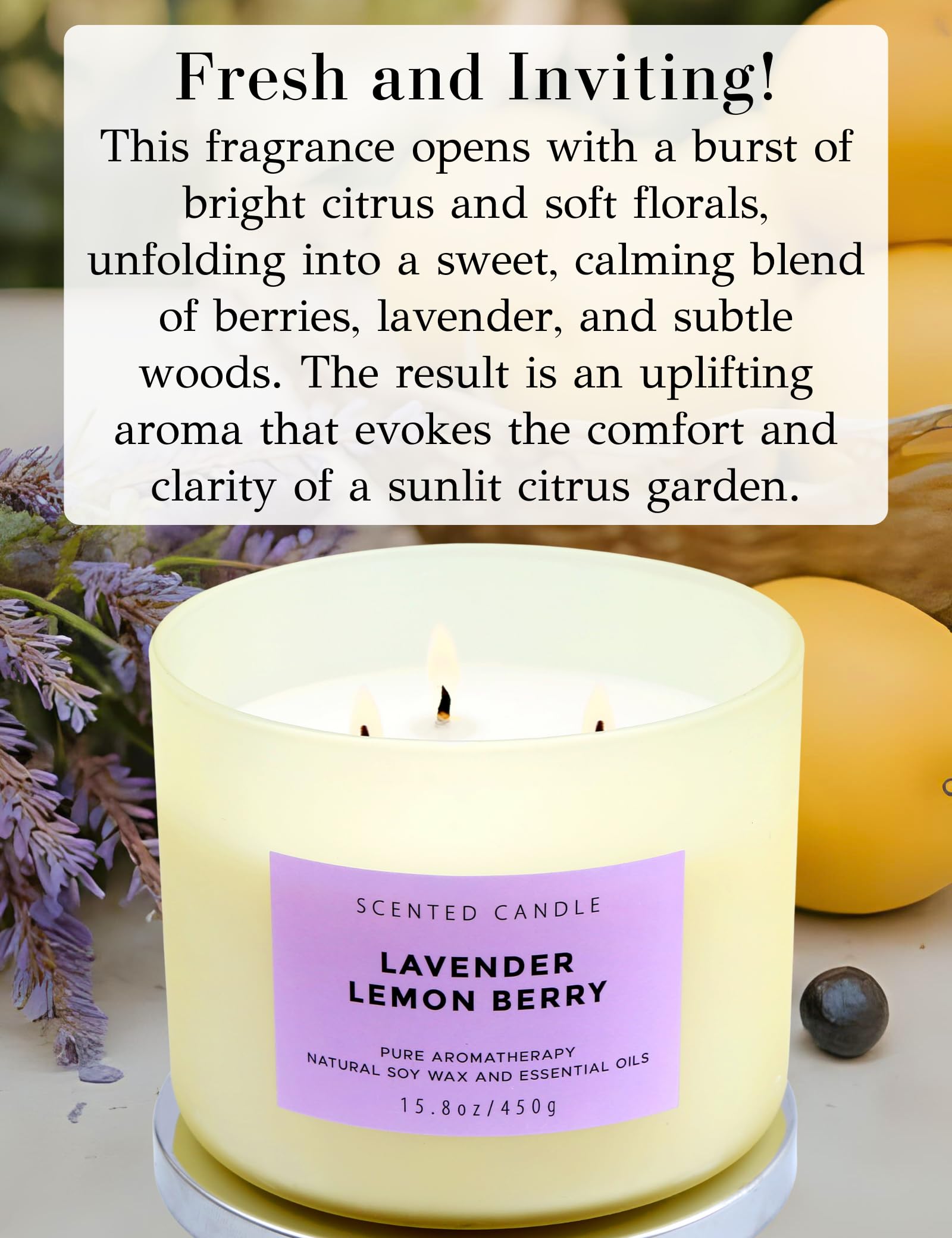 Close-up of three cotton wicks on the Lavender Lemon Berry candle