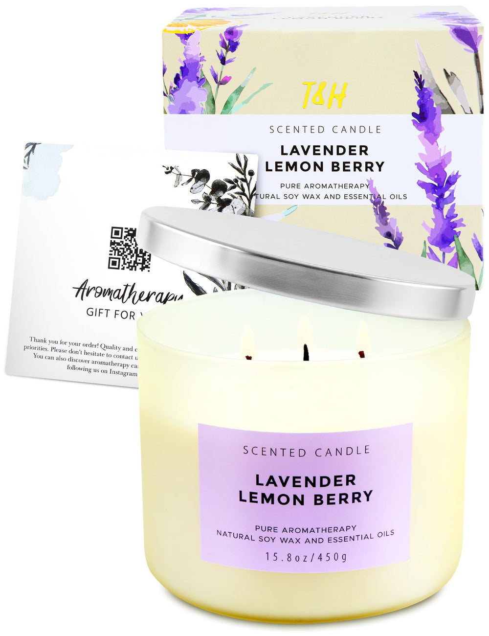 Gift-ready Lavender Lemon Berry candle with packaging and card