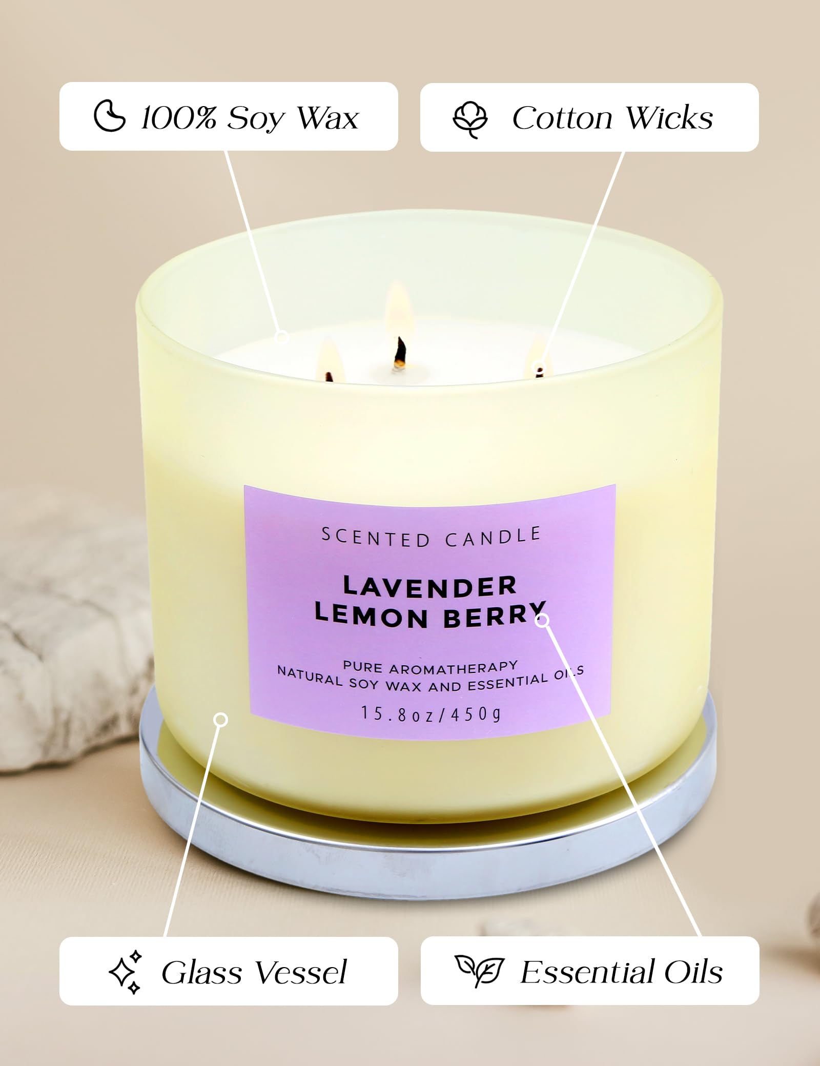 Soft yellow glass jar of Lavender Lemon Berry candle on a cozy surface