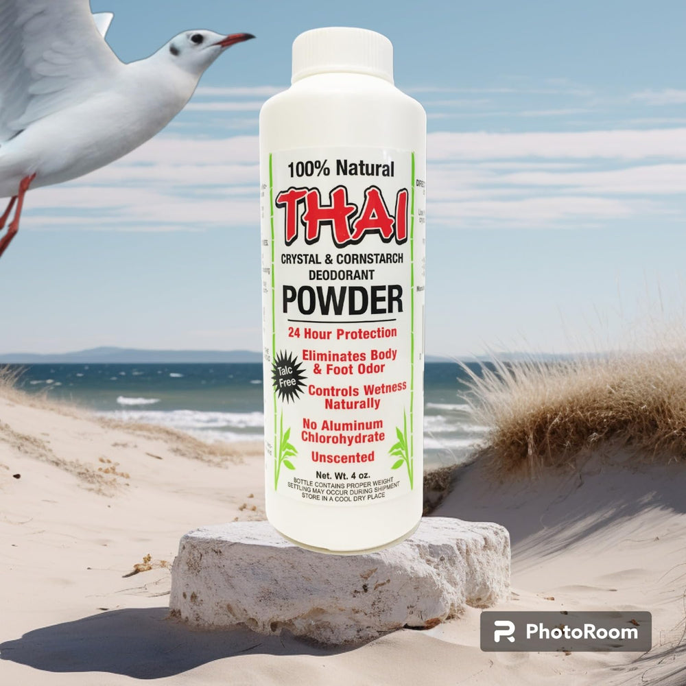 Thai Deodorant Stone 4-ounce packaging suitable for home or travel.