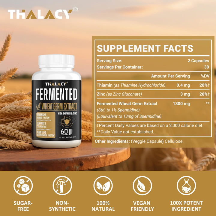 Closeup of Thalacy Spermidine capsules highlighting premium wheat germ extract potency.