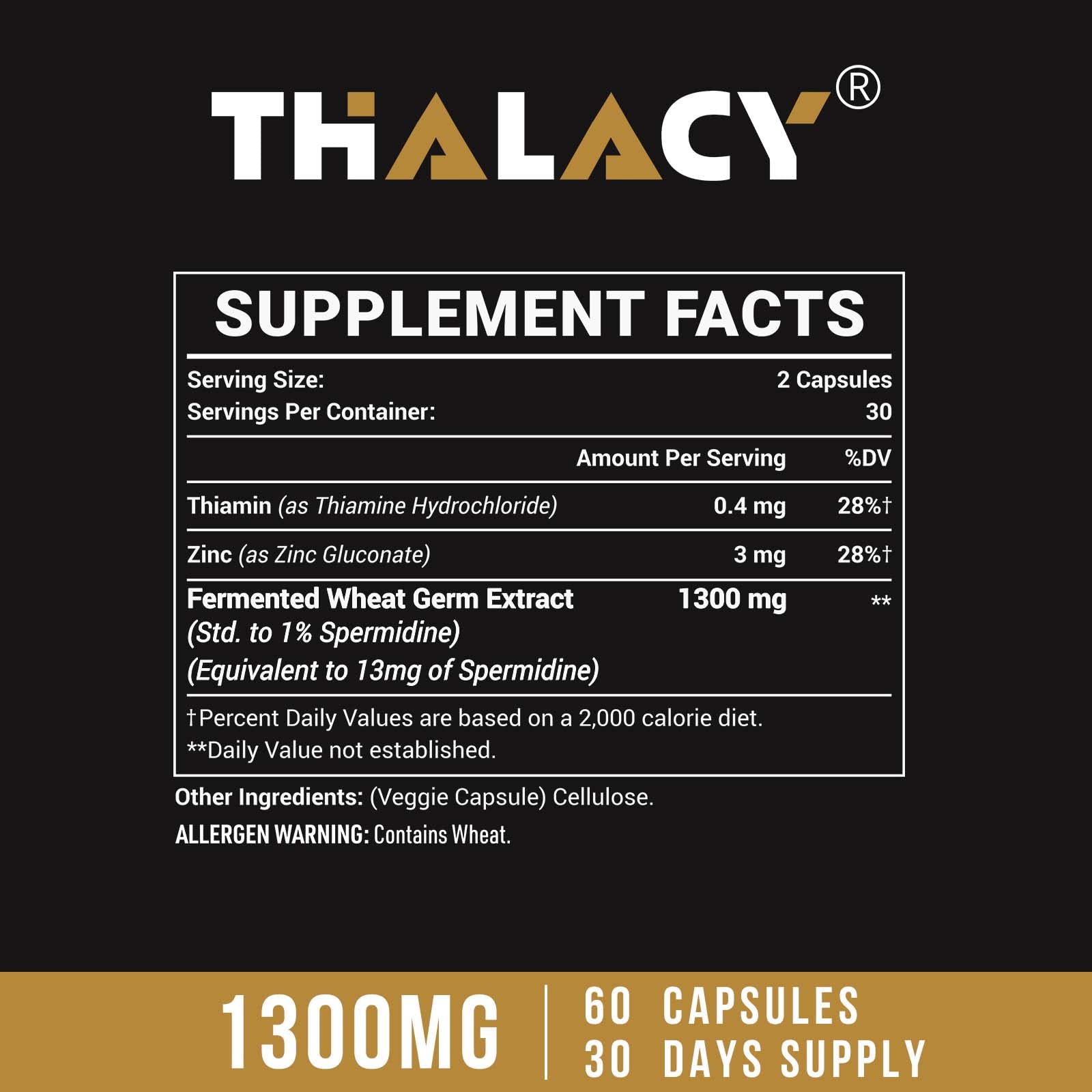 Thalacy Spermidine capsules close-up highlighting vegan, solvent-free formula for daily use