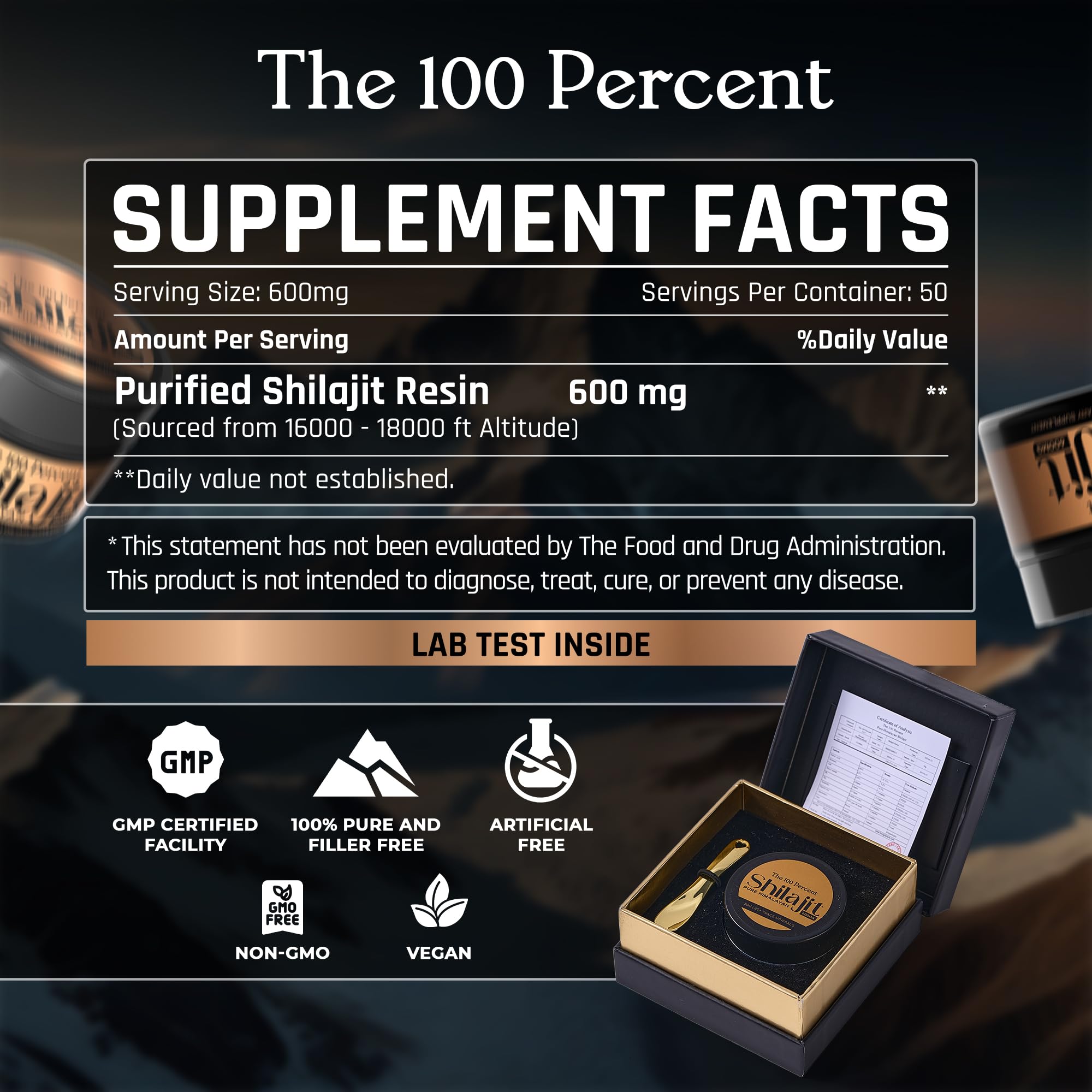 The 100 Percent Himalayan Shilajit serving scoop illustrating 600mg portions.