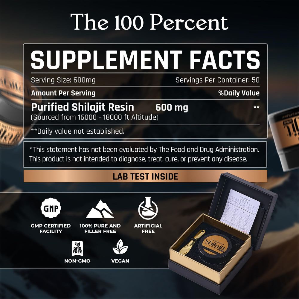 The 100 Percent Himalayan Shilajit serving scoop illustrating 600mg portions.