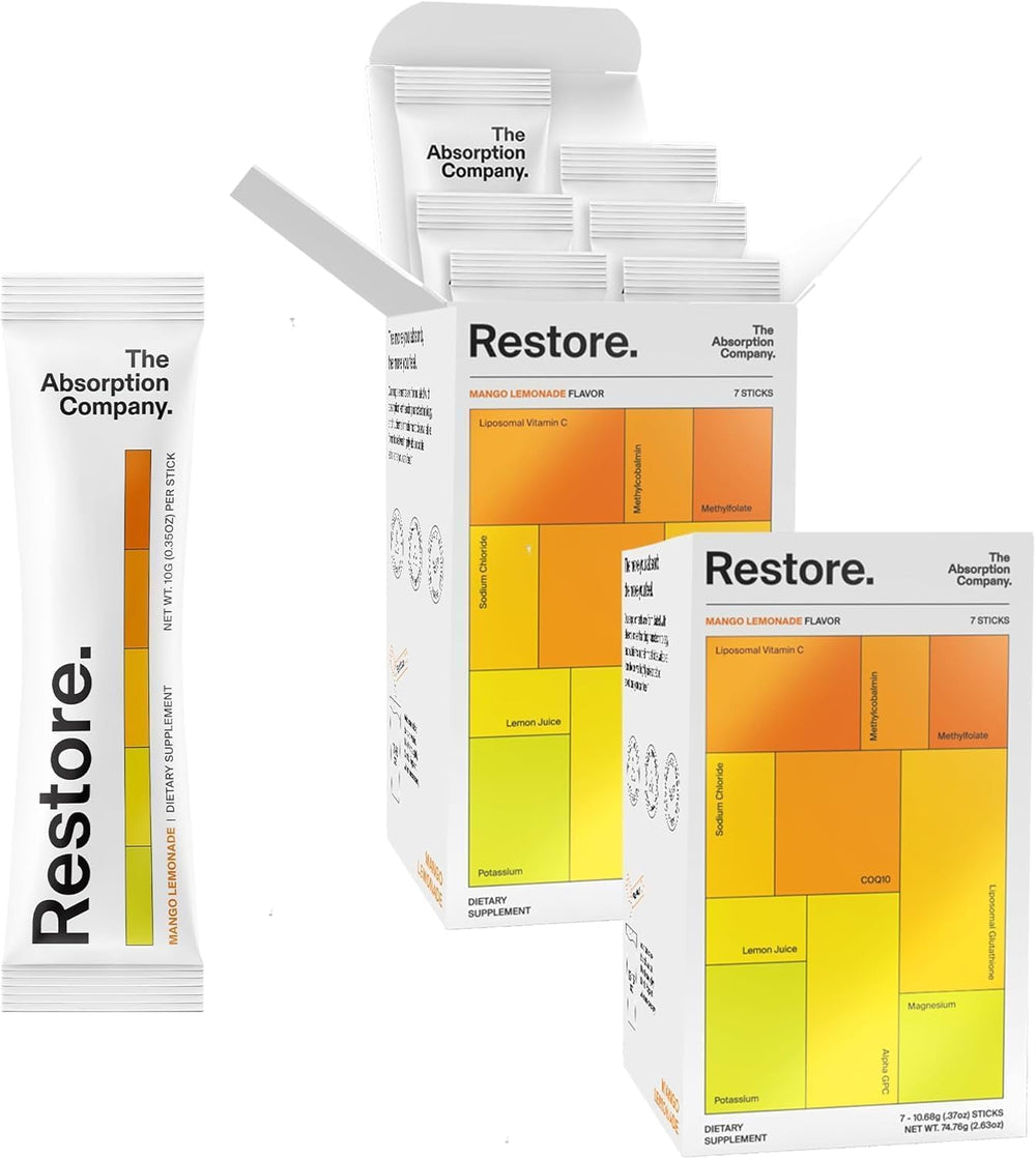 The Absorption Company electrolyte packets dissolving in mango lemonade for post-workout hydration