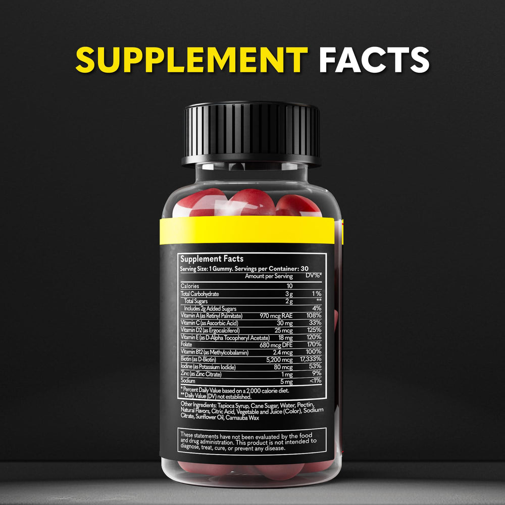 Fresh strawberry imagery beside The Beard Club gummies bottle emphasizes flavor.
