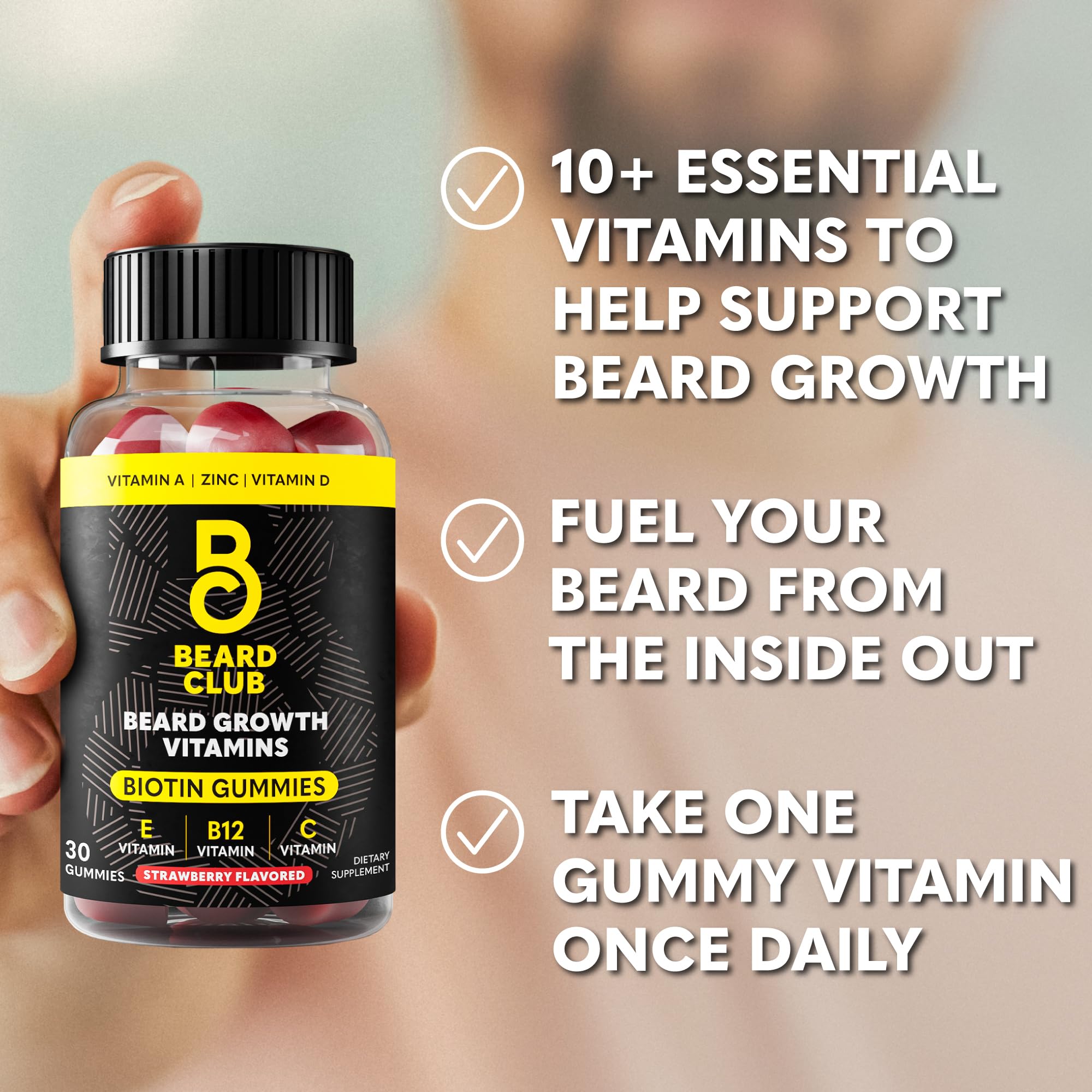 Close-up of Biotin vitamins panel on The Beard Club gummies bottle for daily nourishment.