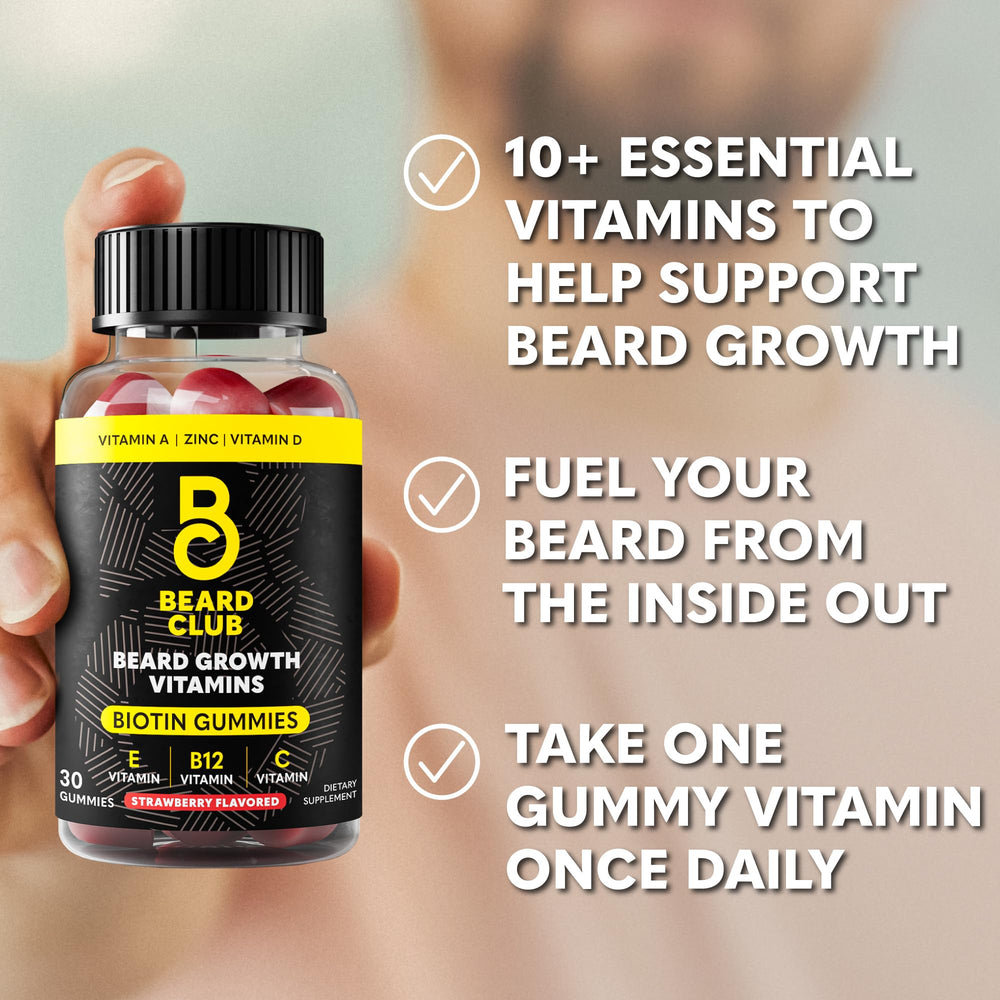 Close-up of Biotin vitamins panel on The Beard Club gummies bottle for daily nourishment.