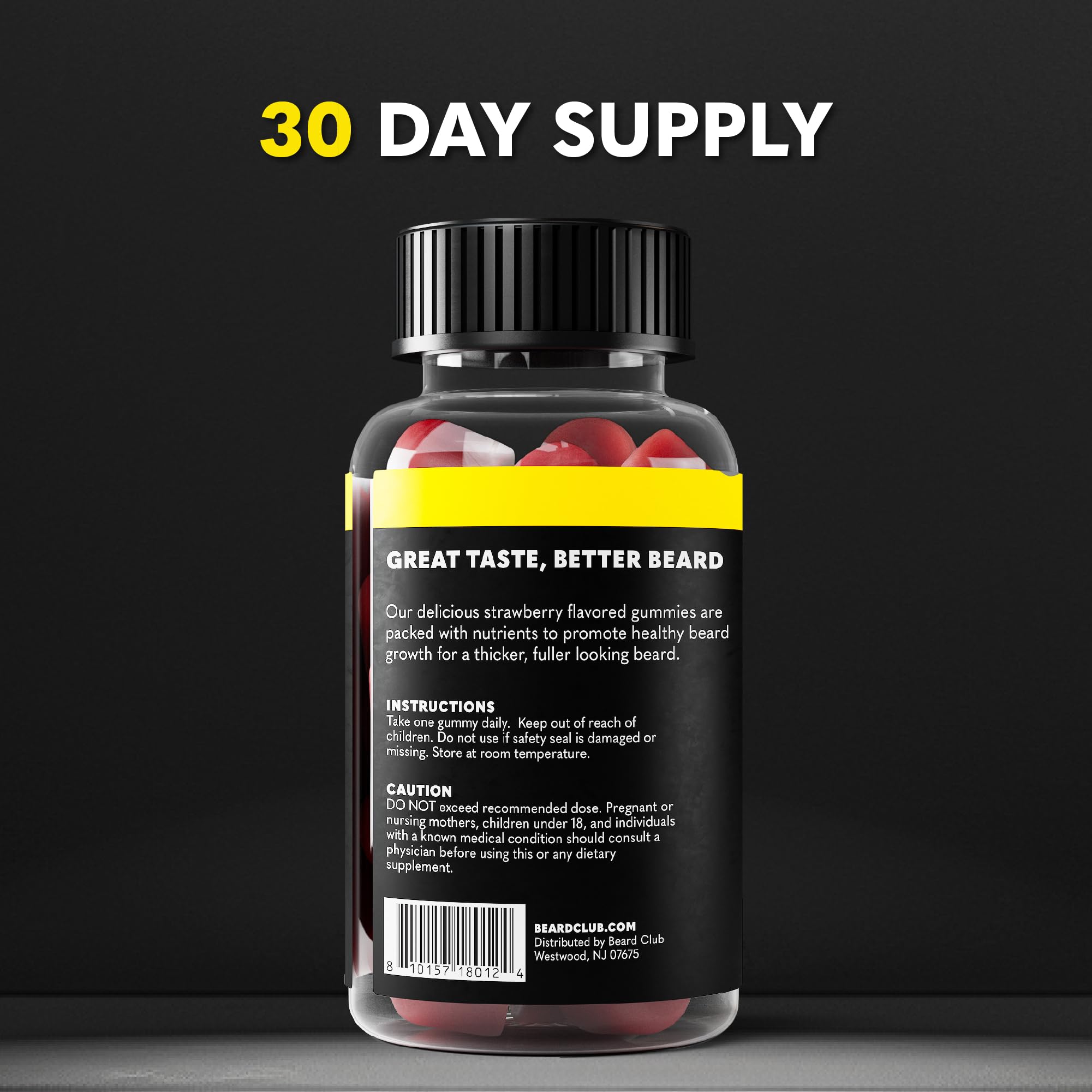 Close-up of the Biotin vitamins panel on The Beard Club gummies bottle for daily nourishment.