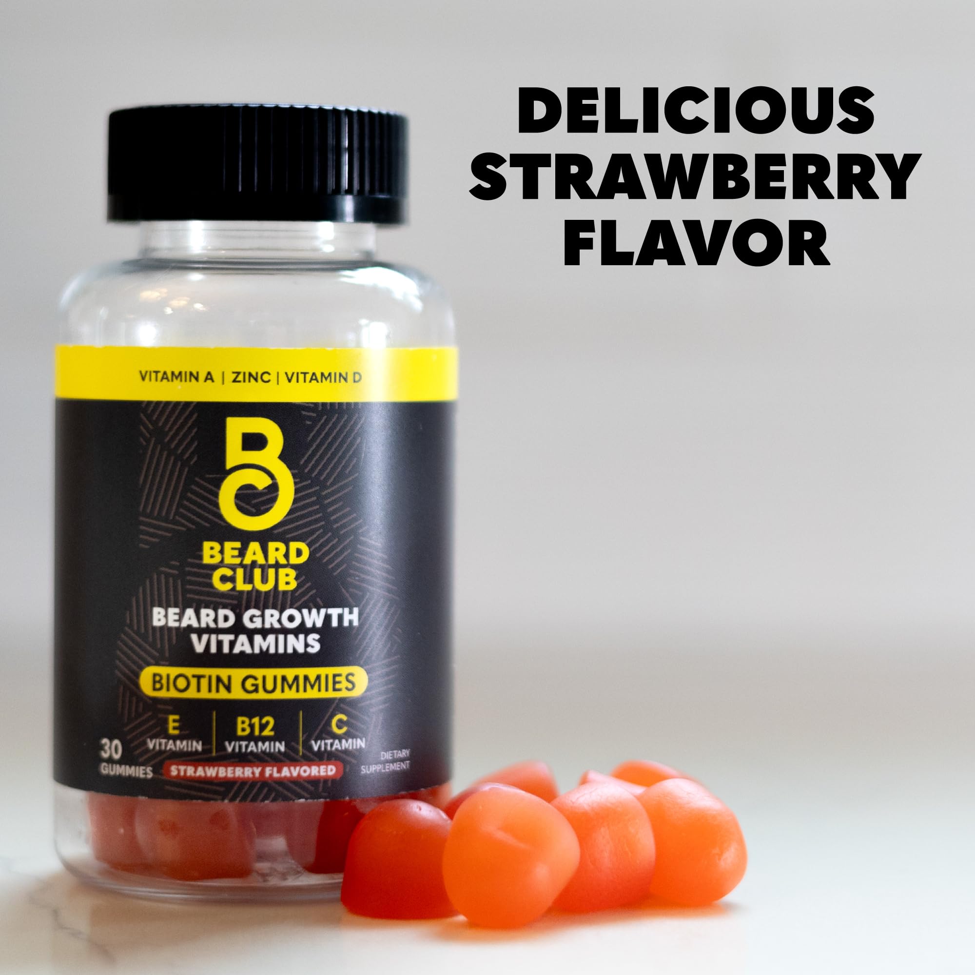 Lifestyle photo shows a man smiling after using The Beard Club gummies.