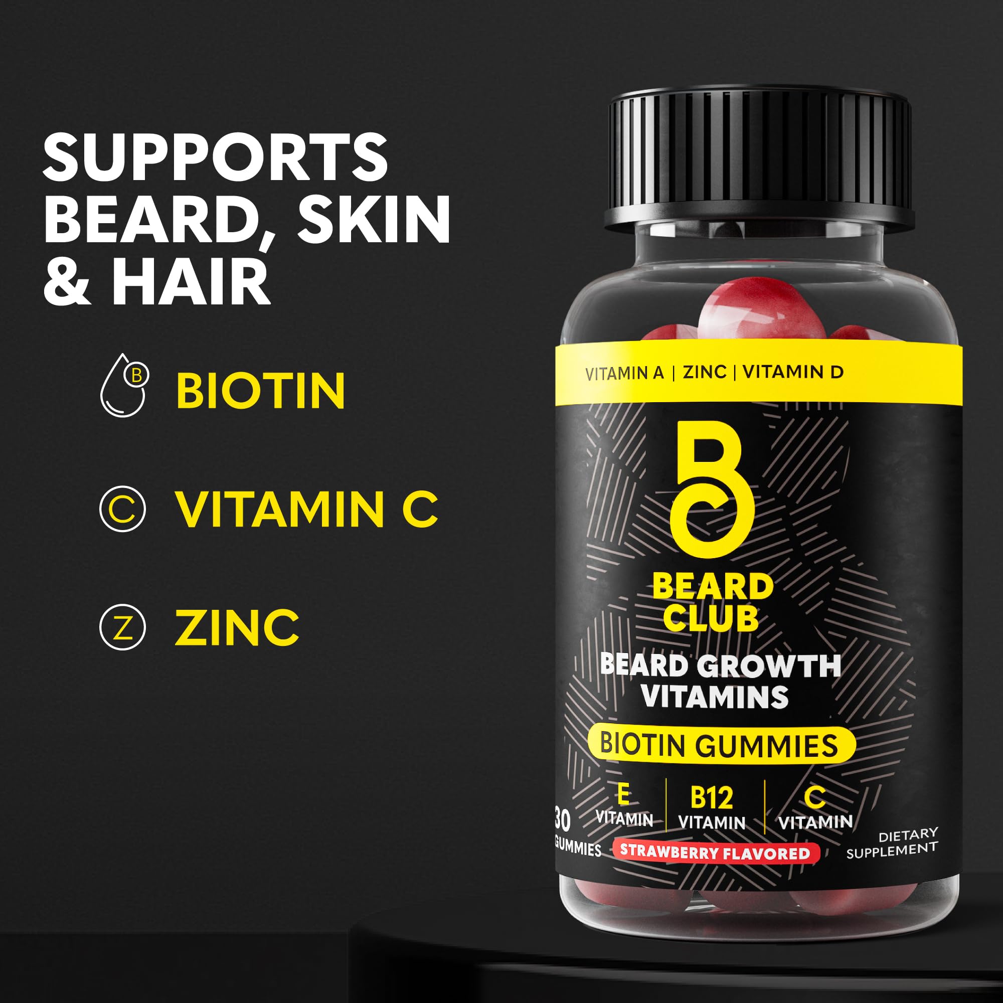 Strawberry-flavored gummies in The Beard Club bottle are ideal for daily grooming.