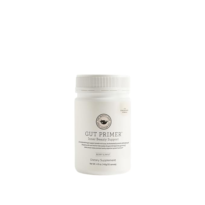 The Beauty Chef Gut Primer bottle front showing berry-mint flavor for digestive comfort.