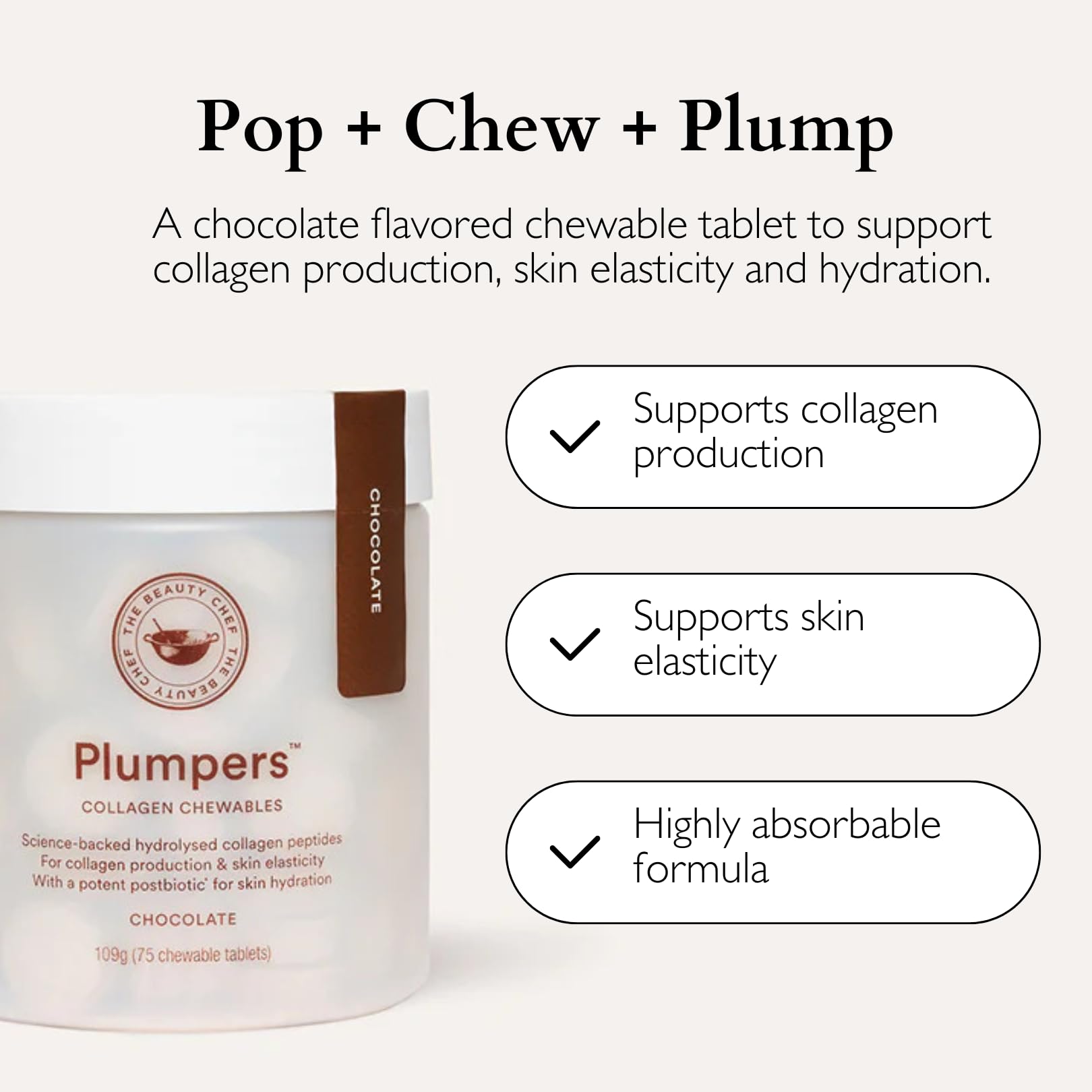 The Beauty Chef Plumpers chocolate chew close-up for a convenient beauty boost.