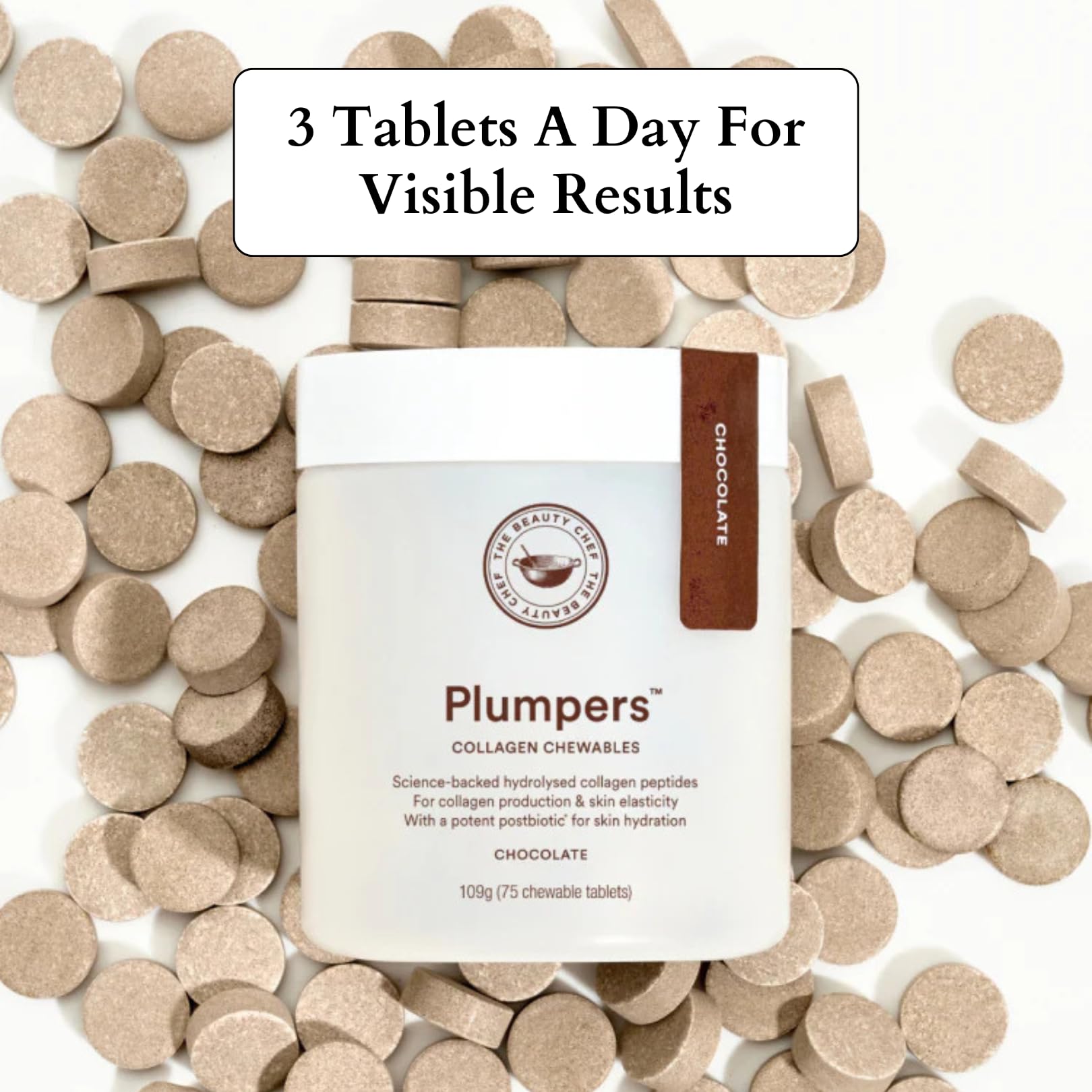 The Beauty Chef Plumpers postbiotic visual highlighting gut health support.