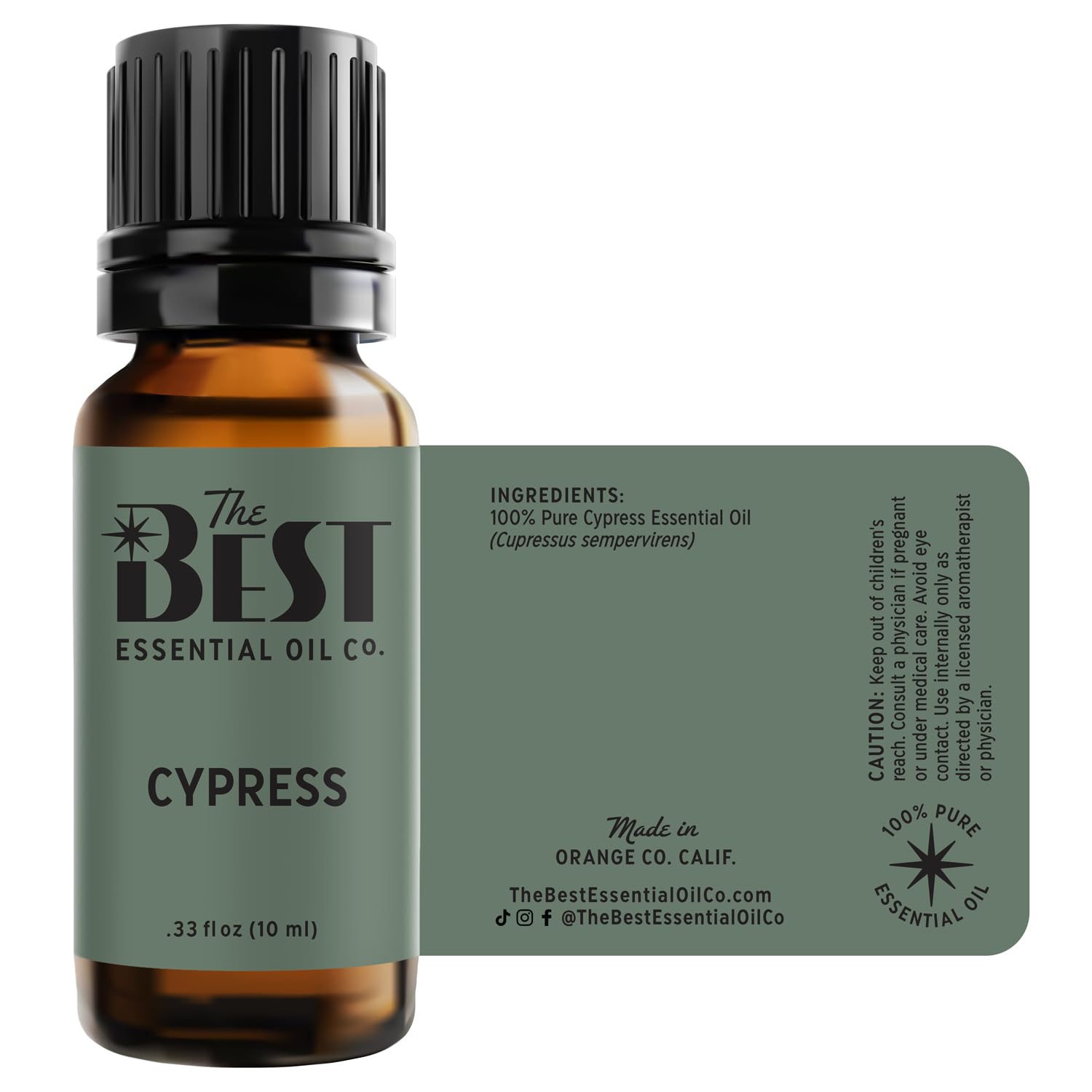 Crete-sourced Cypress Essential Oil bottle in natural light