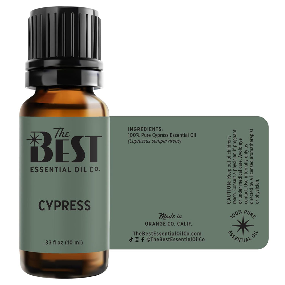 Crete-sourced Cypress Essential Oil bottle in natural light