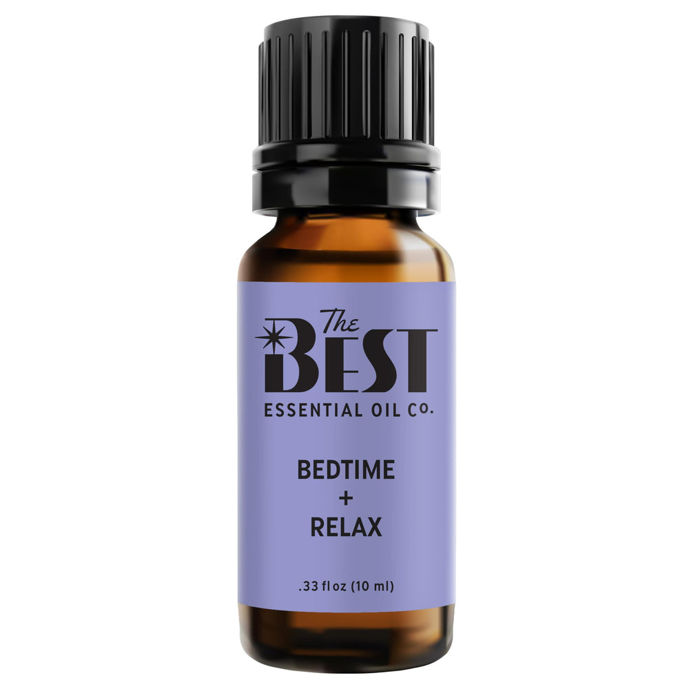 The Best Essential Oil Co Bedtime + Relax bottle front promotes calm for bedtime routines
