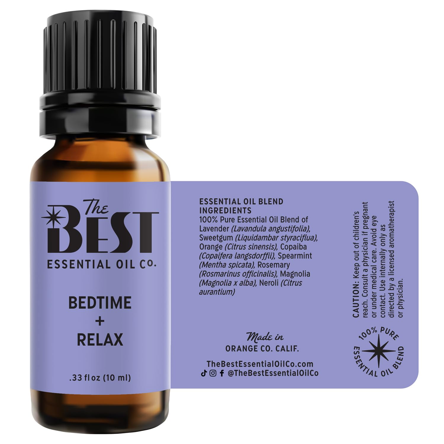 The Best Essential Oil Co Bedtime + Relax packaging emphasizes purity and care