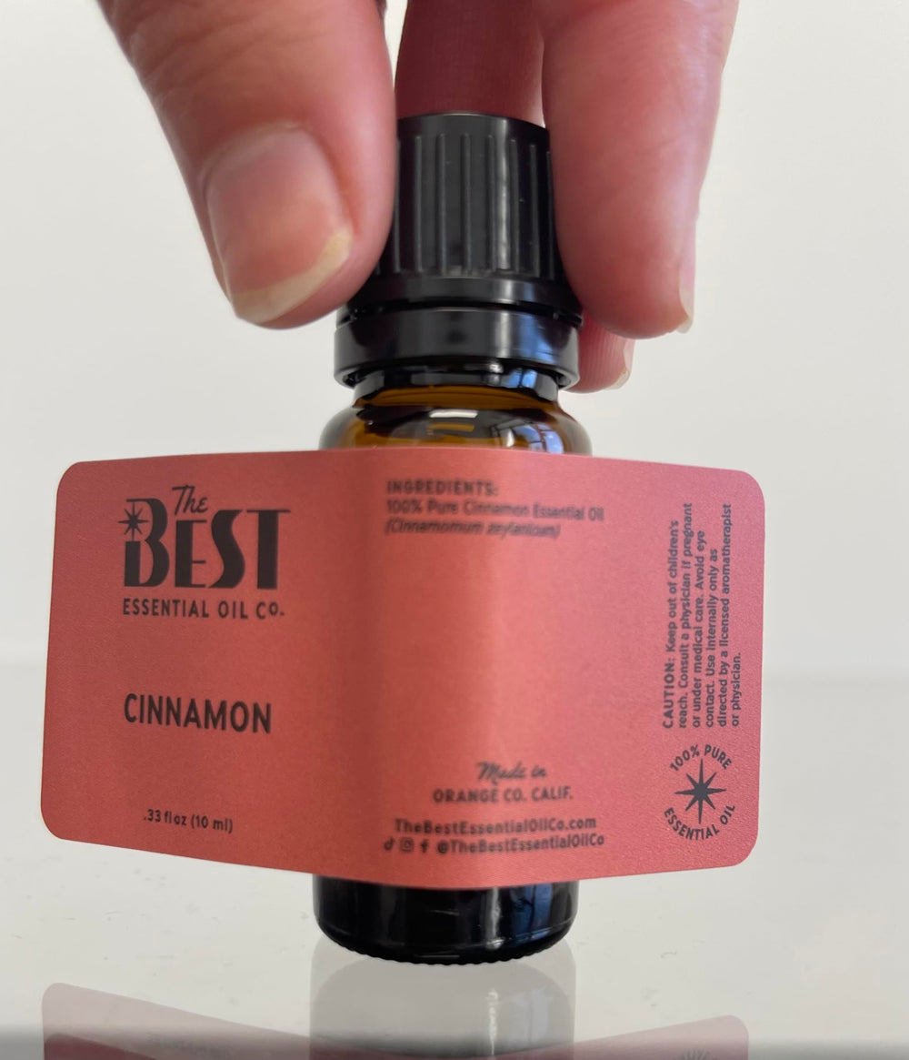 California-made label on The Best Essential Oil Co cinnamon oil bottle