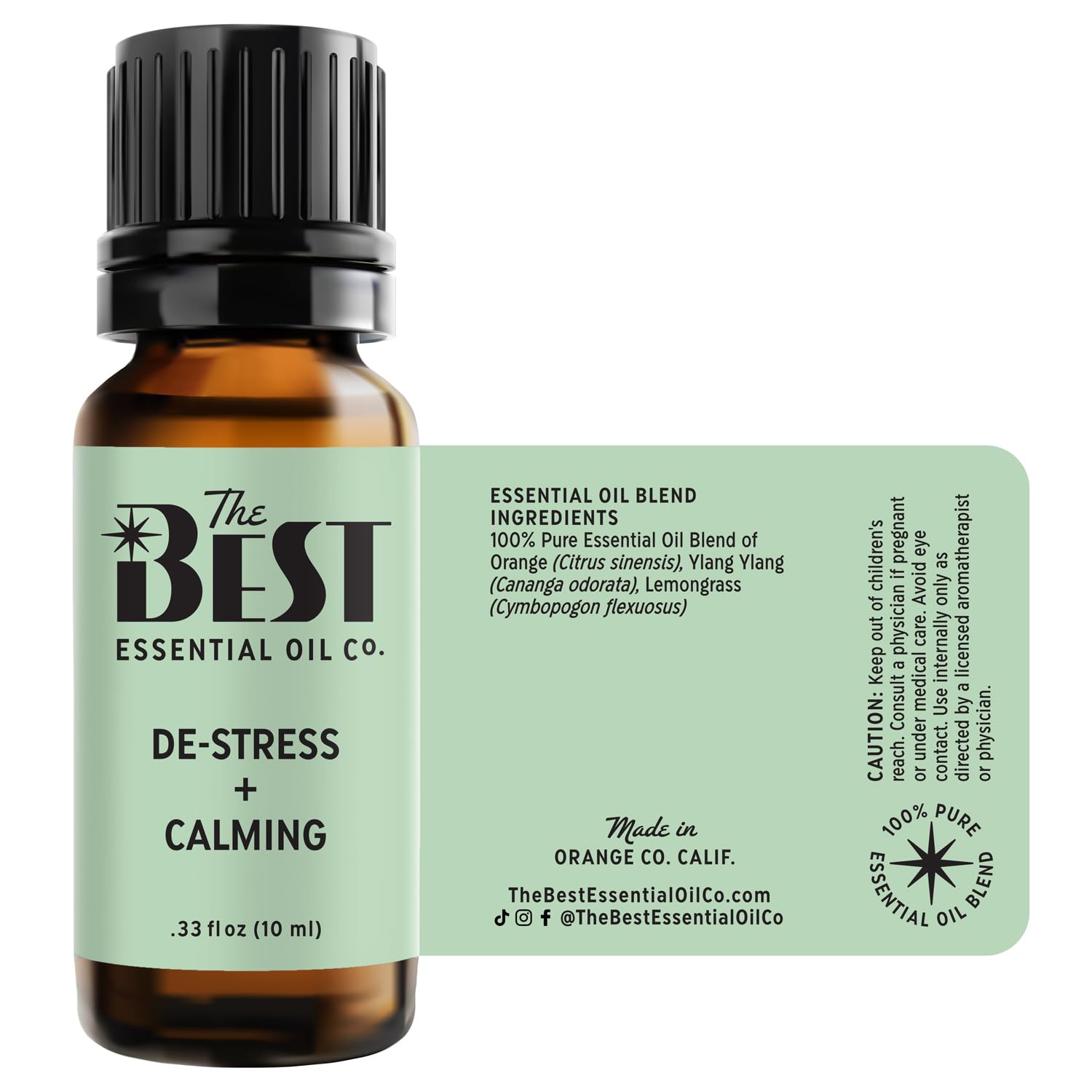 The Best Essential Oil Co De-Stress bottle close-up shows premium oil.