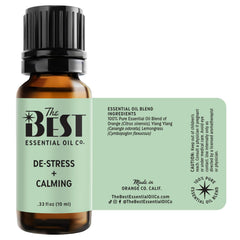 The Best Essential Oil Co De-Stress bottle close-up shows premium oil.