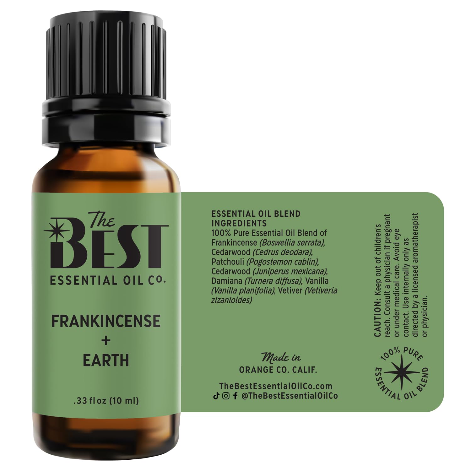 The Best Essential Oil Co Frankincense Earth bottle label with premium branding