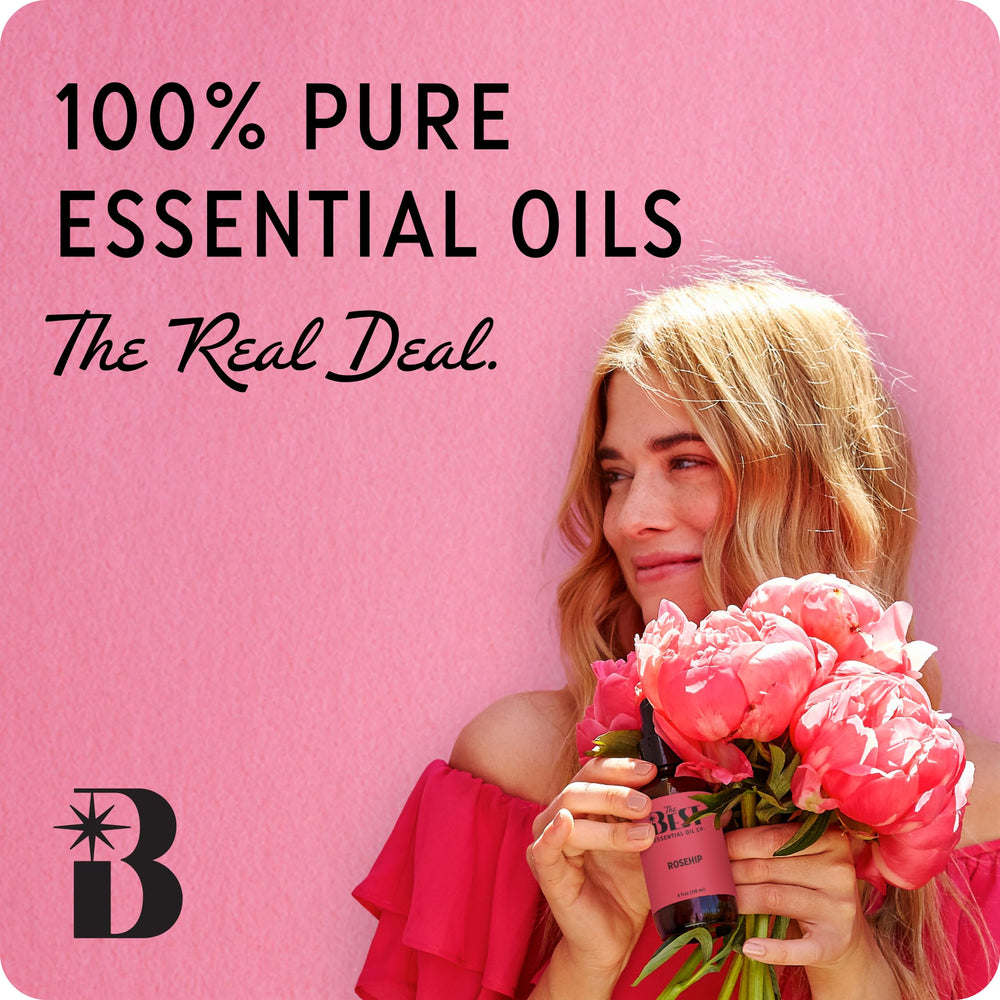 The Best Essential Oil Co Headache + Migraine blend label highlights ingredients and sourcing