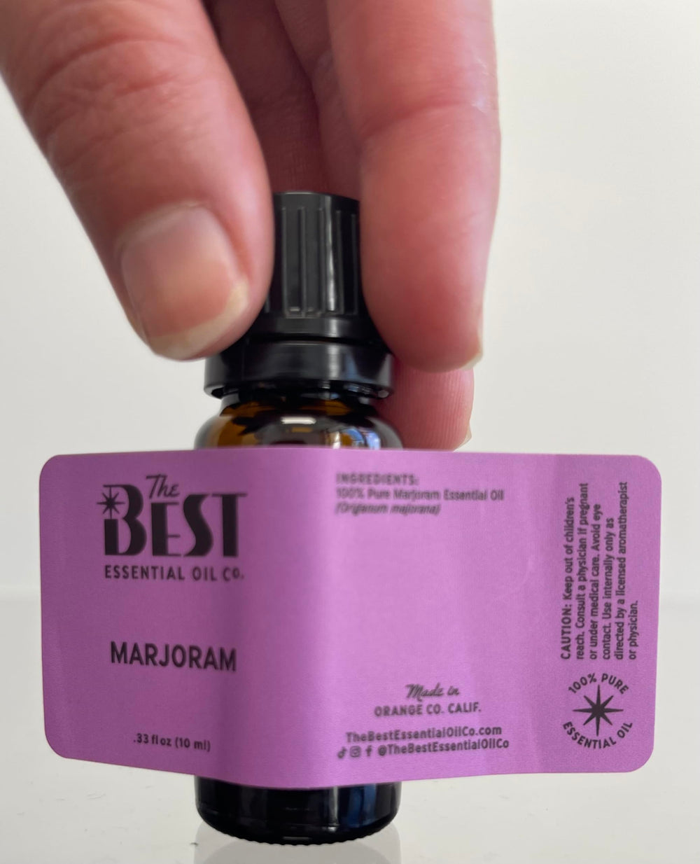 The Best Essential Oil Co marjoram packaging and label detail