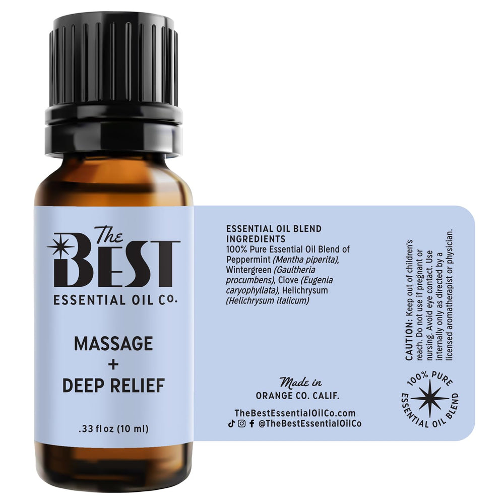 The Best Essential Oil Co Massage Deep Relief bottle closeup illustrates easy-dispense droplet