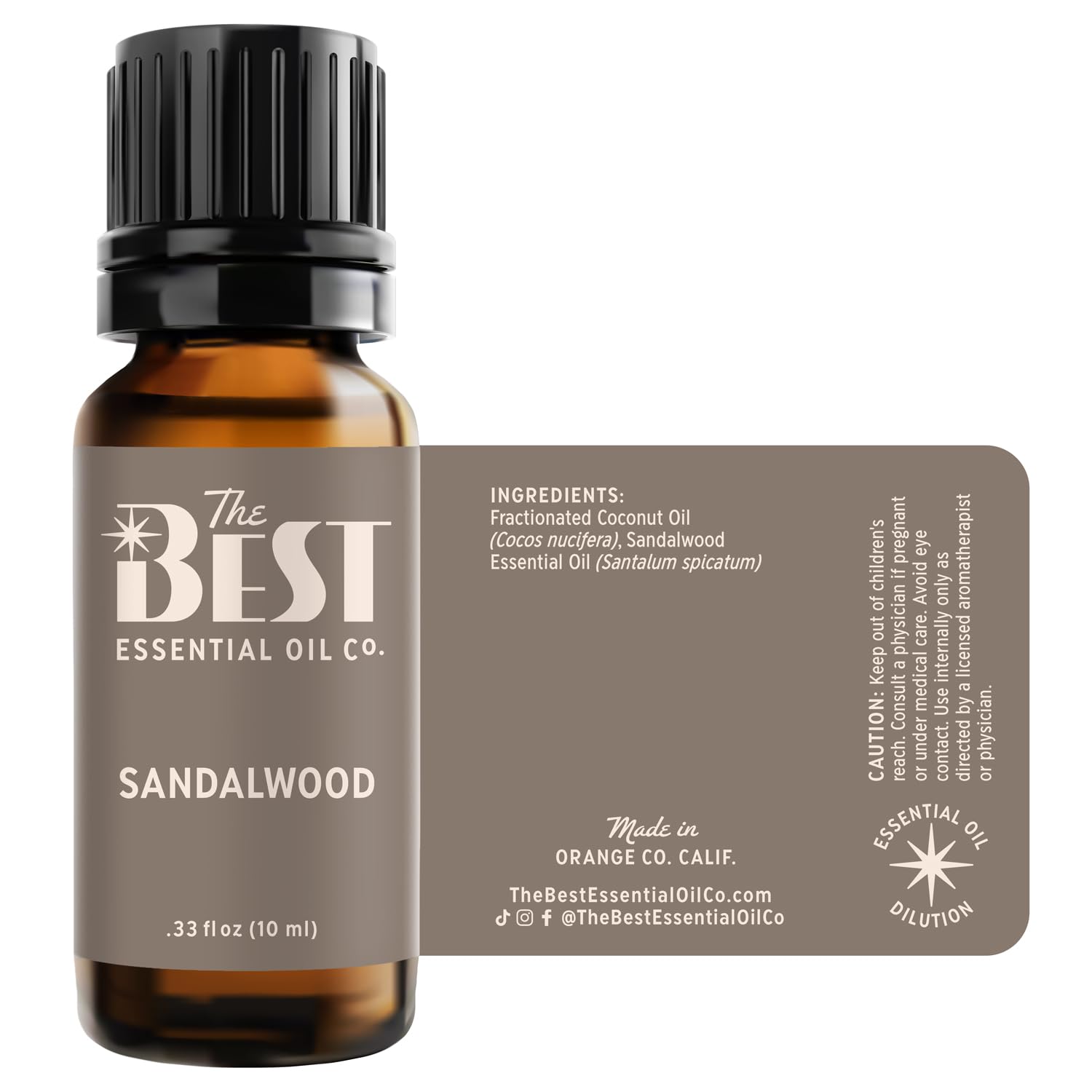 The Best Essential Oil Co sandalwood bottle packaging highlighting purity