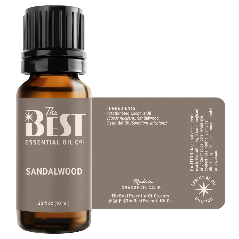 The Best Essential Oil Co sandalwood bottle packaging highlighting purity