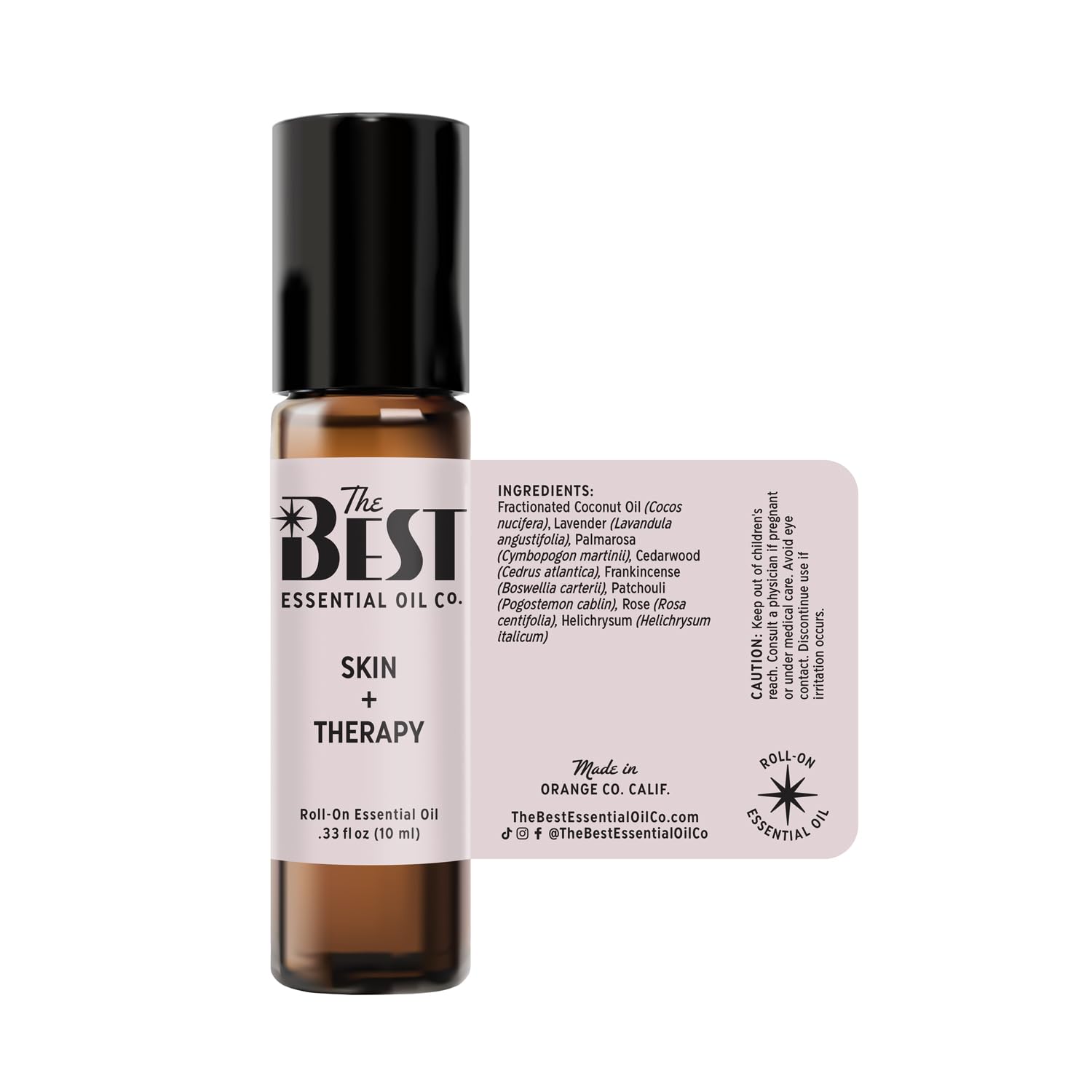 The Best Essential Oil Co Skin Therapy Roll-On packaging includes usage tips.