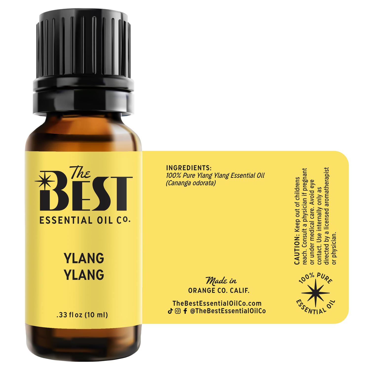 The Best Essential Oil Co Ylang Ylang label closeup shows premium branding.