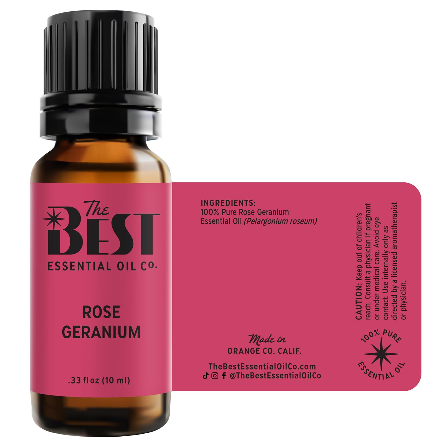 Brand label on The Best Rose Geranium Oil bottle signaling premium sourcing.