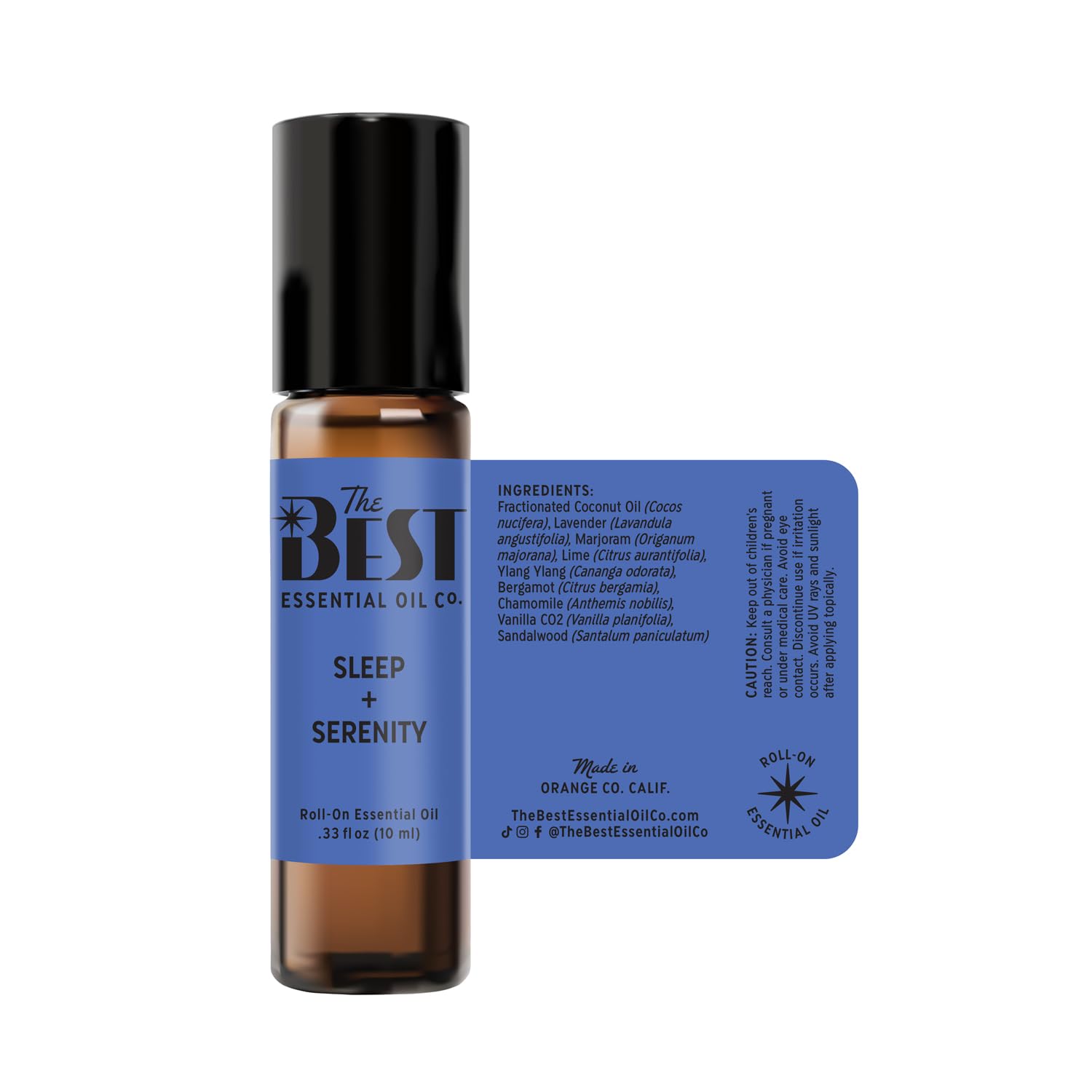 The Best Essential Oil Co Sleep Serenity roll-on bottle display showing premium pre diluted coconut oil formula.