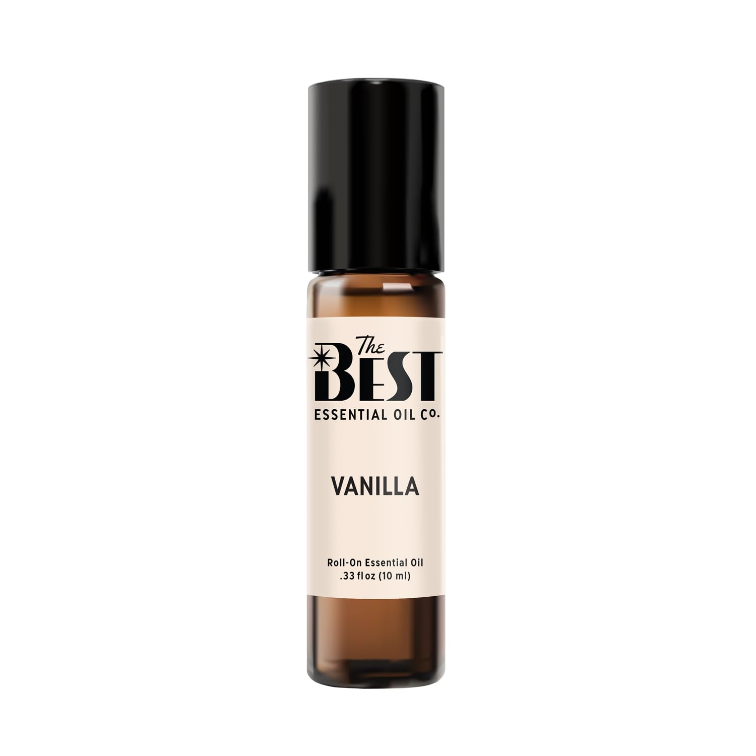 The Best Vanilla essential oil roll-on bottle closeup, premium grade and pre-diluted convenience.