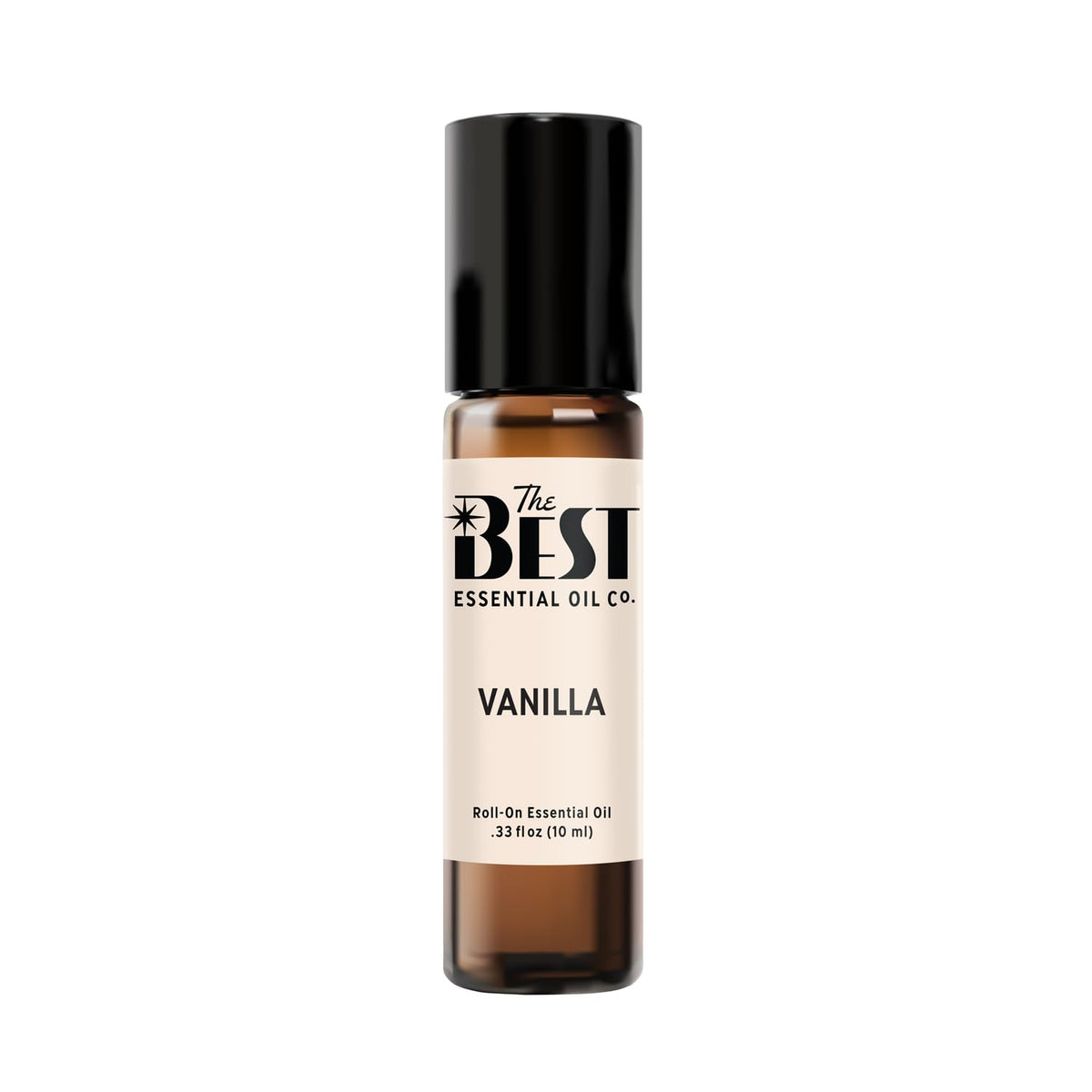The Best Vanilla essential oil roll-on bottle closeup, premium grade and pre-diluted convenience.