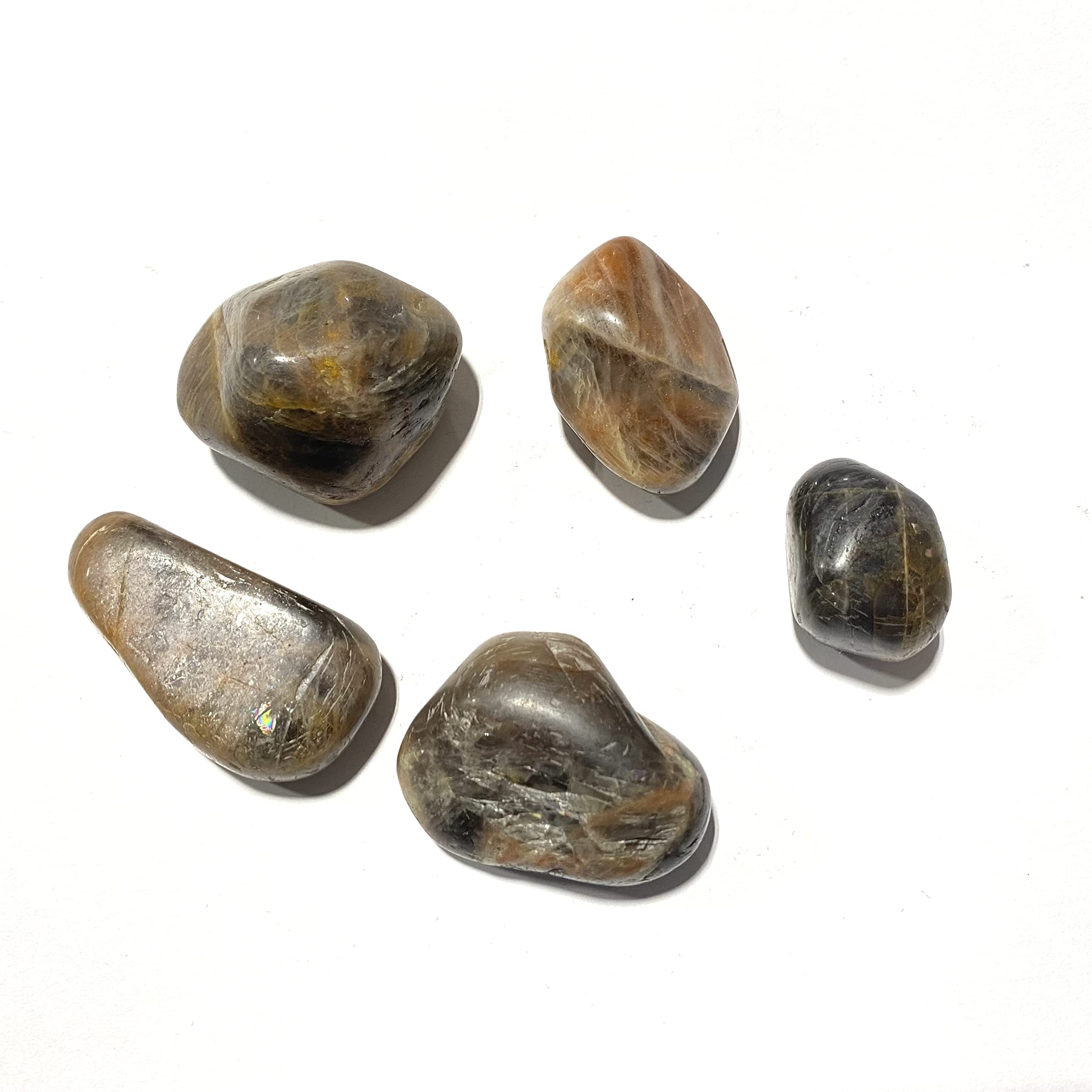 The Chrysalis Stone Black Moonstone tumbled stone on altar supports chakra activation.
