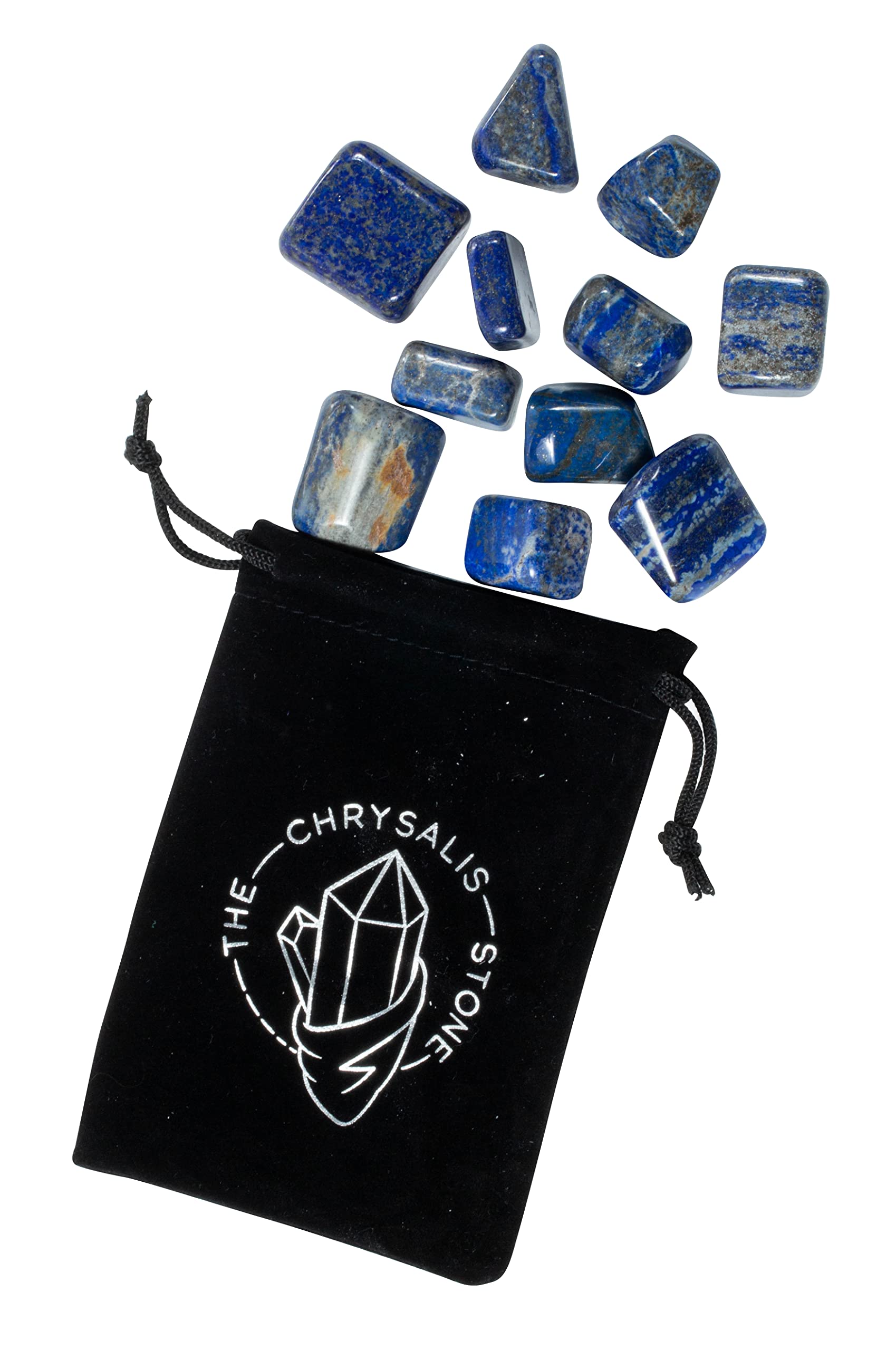 The Chrysalis Stone blue lapis lazuli tumbled stone on display highlighting natural variation.