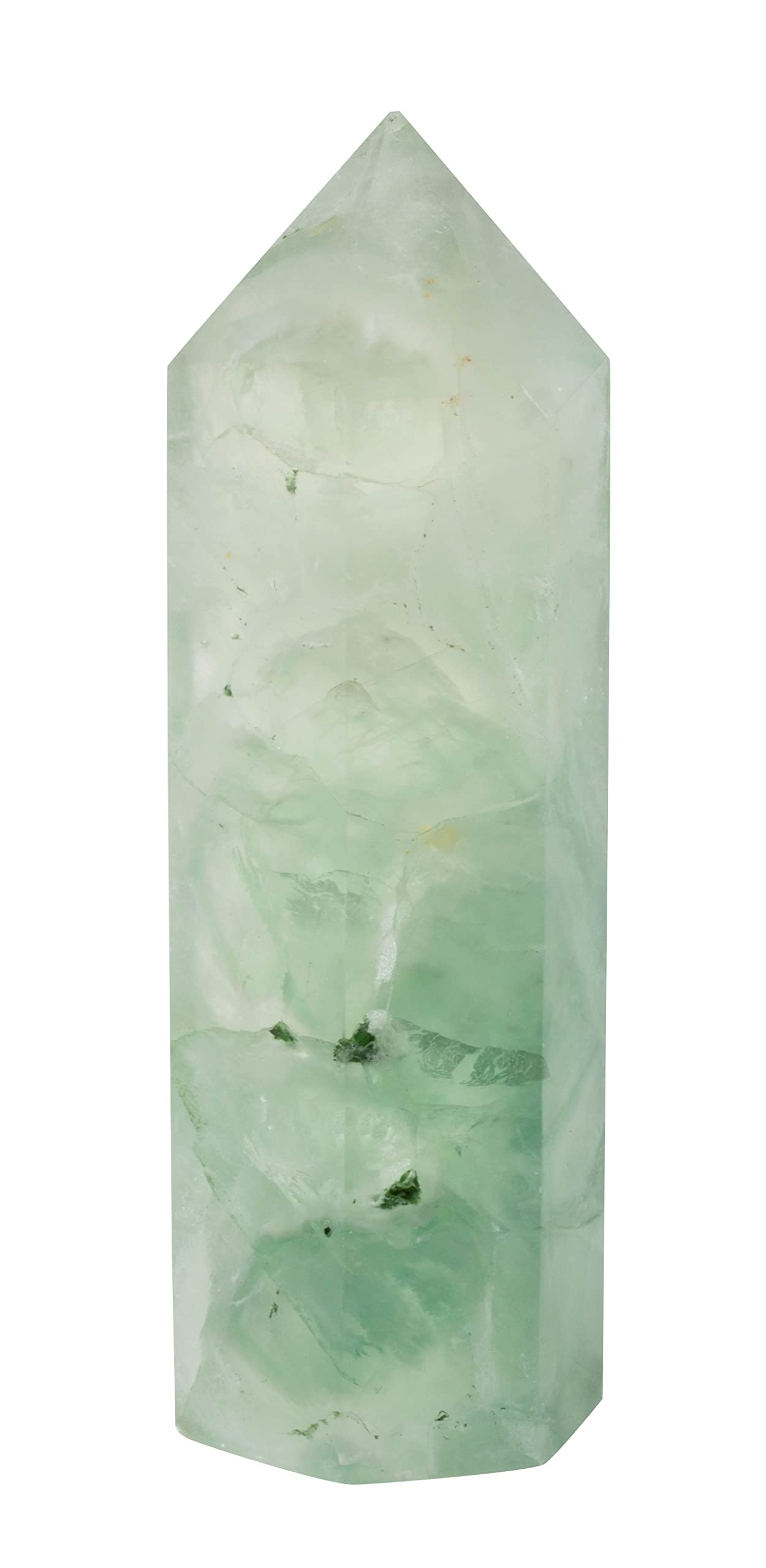 The Chrysalis Stone fluorite point close-up shows swirling colors for meditation.