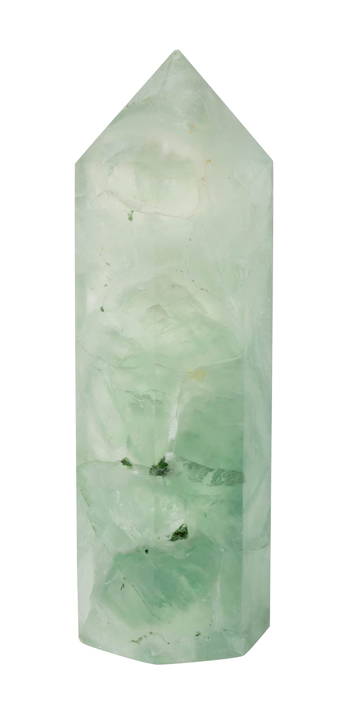 The Chrysalis Stone fluorite point close-up shows swirling colors for meditation.