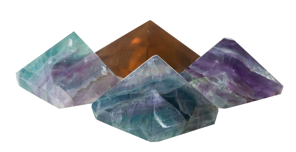 Closeup of fluorite pyramid showing purple-green-blue hues for mental clarity