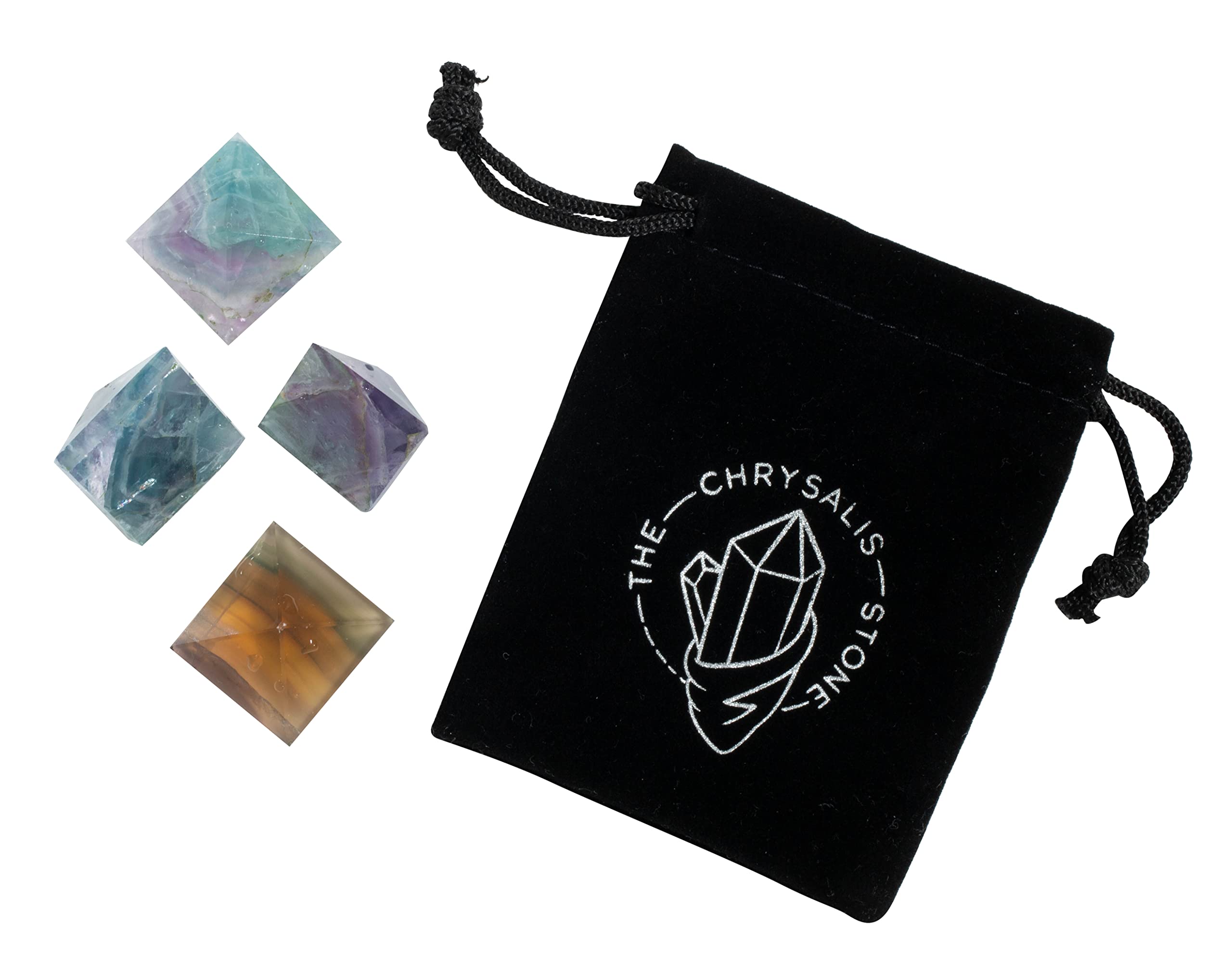The Chrysalis Stone fluorite pyramid mini display scene suggests a peaceful meditation setup