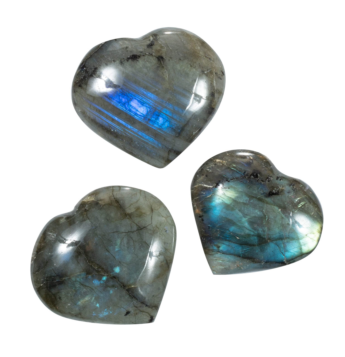 The Chrysalis Stone Labradorite puff heart close-up shows iridescent color for meditation.