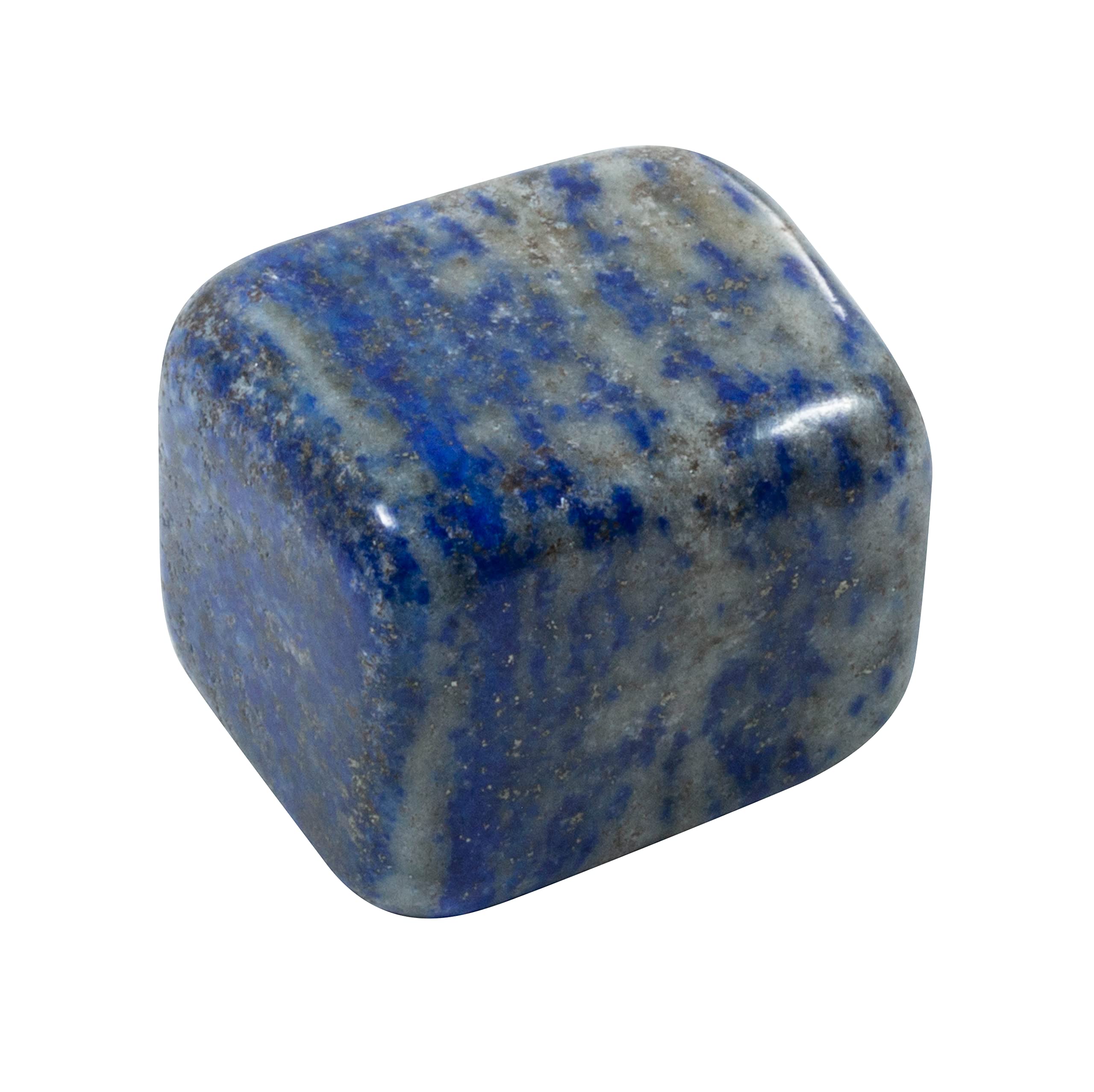 The Chrysalis Stone lapis lazuli tumbbed stone closeup shows blue shades and a smooth surface.