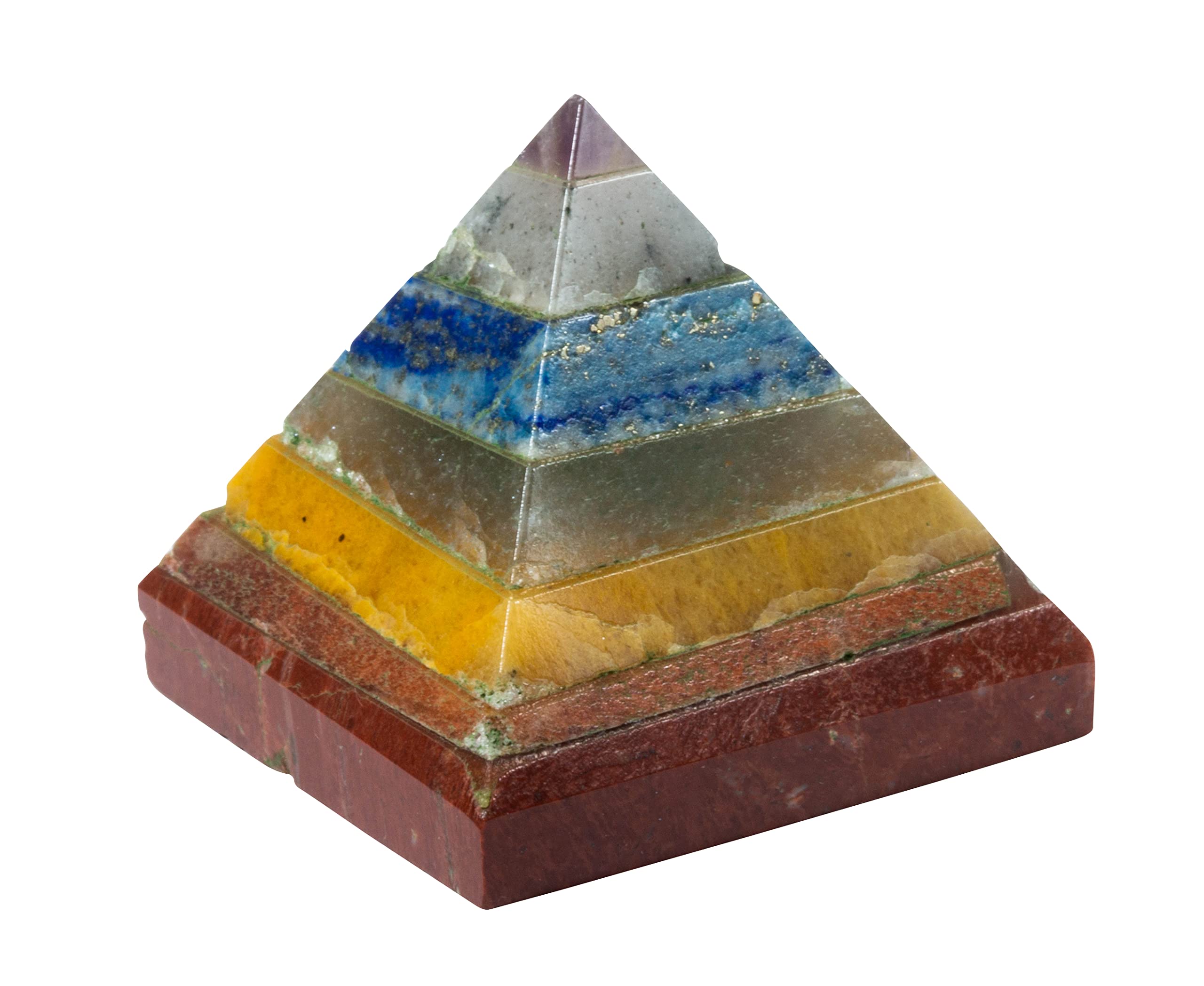 The Chrysalis Stone 7 Chakra Pyramid mini closeup shows vibrant layers for mindful energy work.